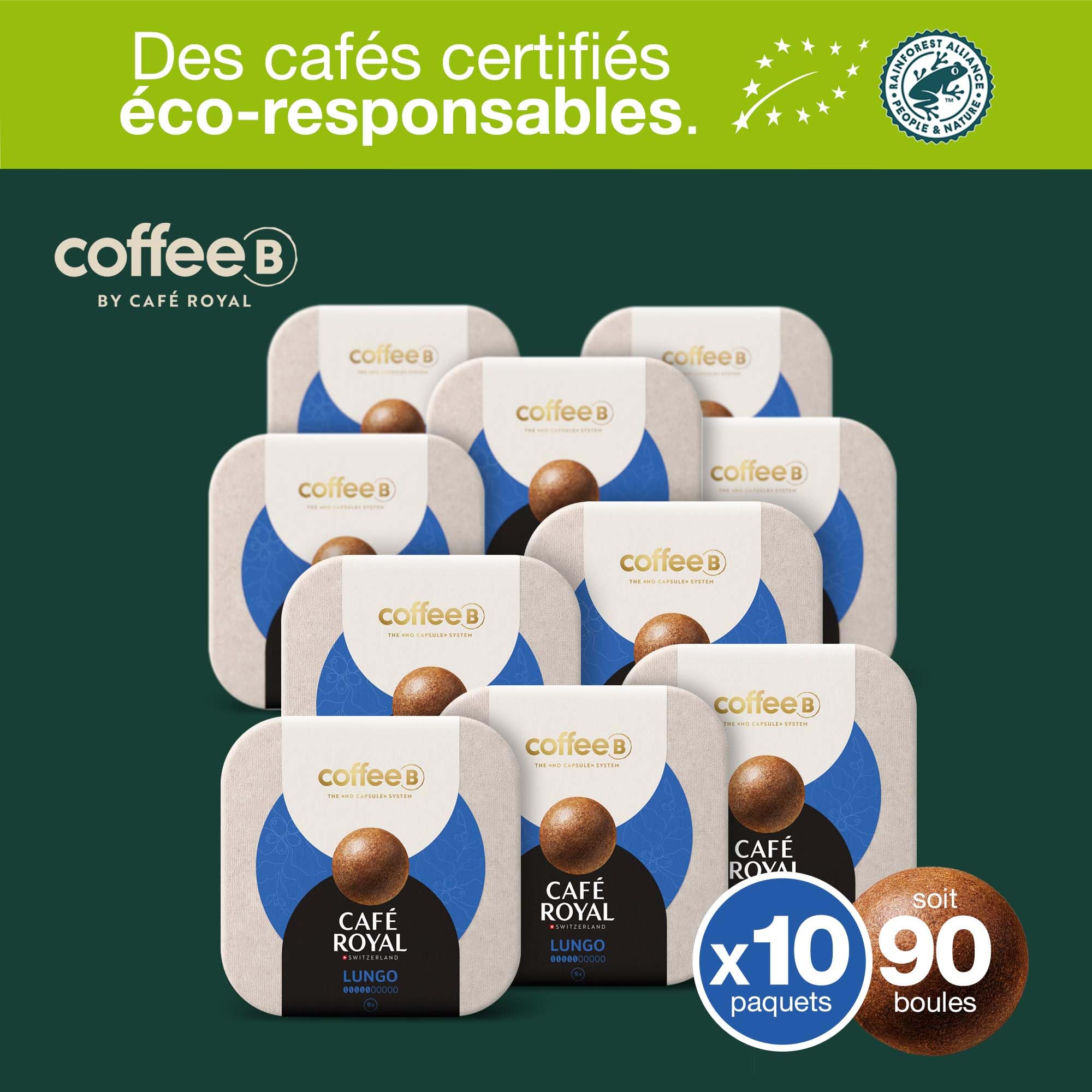 90 Coffee Balls Lungo - Boules de café haut de gamme 100% compostable - Spécialement conçues pour l'utilisation de la machine à café CoffeB by Café Royal
