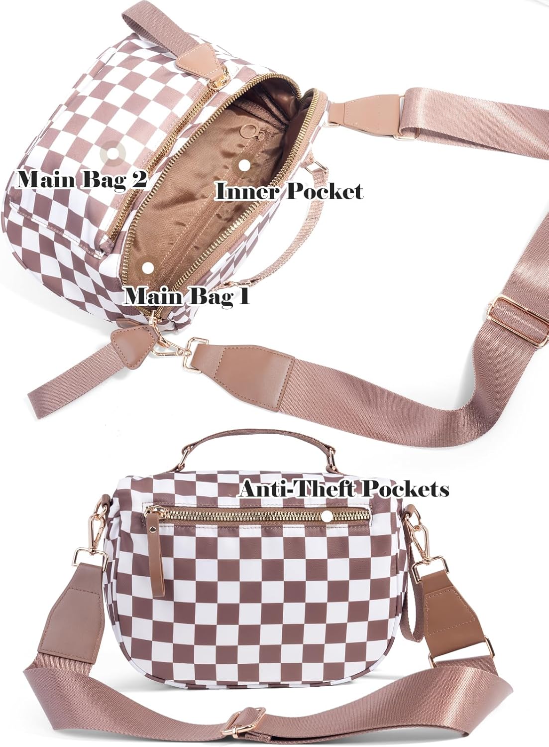 Checkered Crossbody Bag Bum Bag For Women,Spacious Checkered Purse Fanny Packs,Upgraded Version With Carry Handle - Image 4