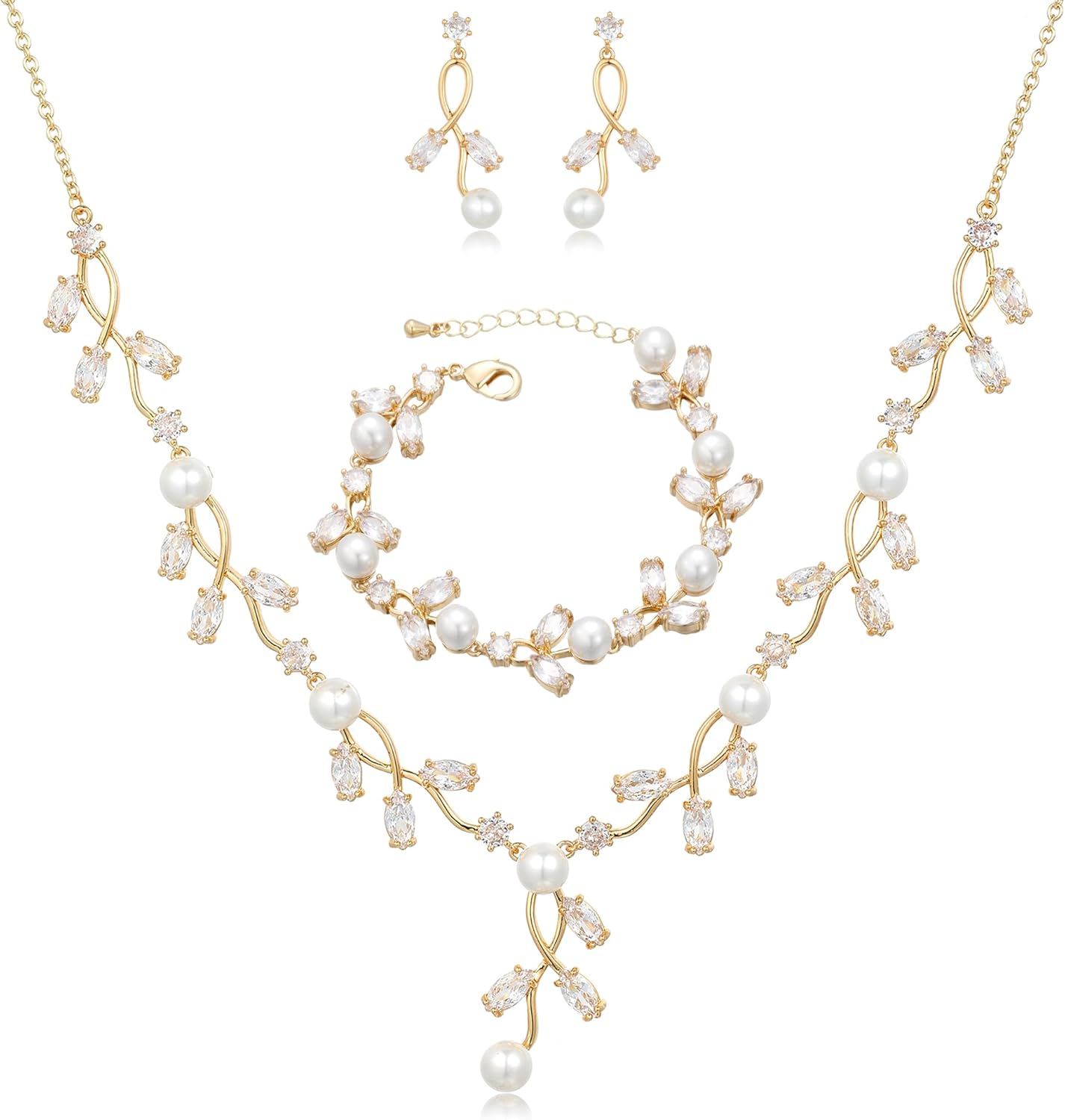 Elegant Wedding Cubic Zirconia Simulated Pearl Leaf Pendant Necklace Link Bracelet Dangle Earring Bridesmaid Bride Jewelry Set for Women Party Prom