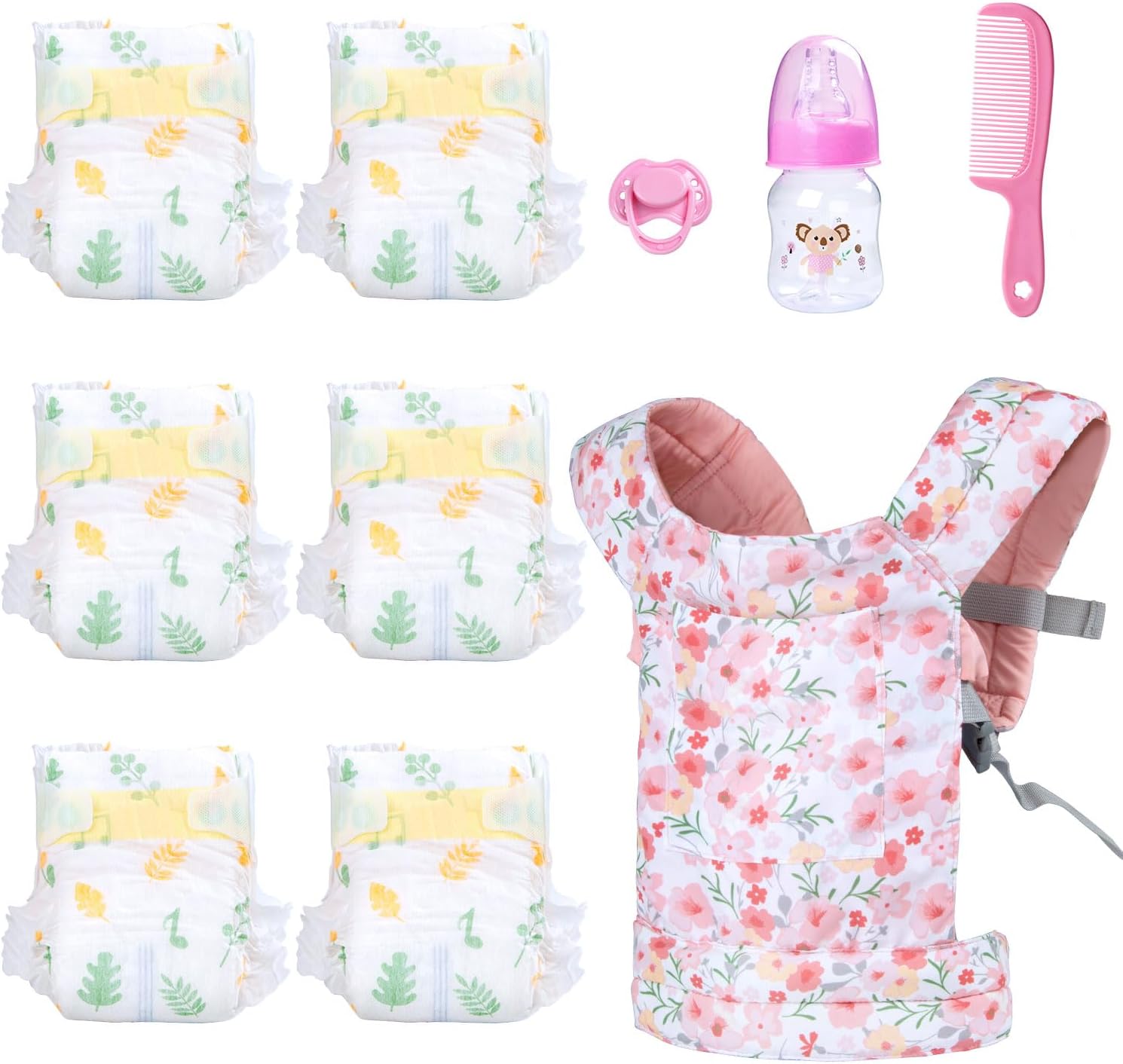 10 Pcs Reborn Baby Doll Carrier and Feed Accessories Set for 17-22 Inch Kids Toy Baby Carrier Dolls Toy Babydoll Sling with Adjustable Straps for Stuffed AnimalDoll Accessories Pink Rose