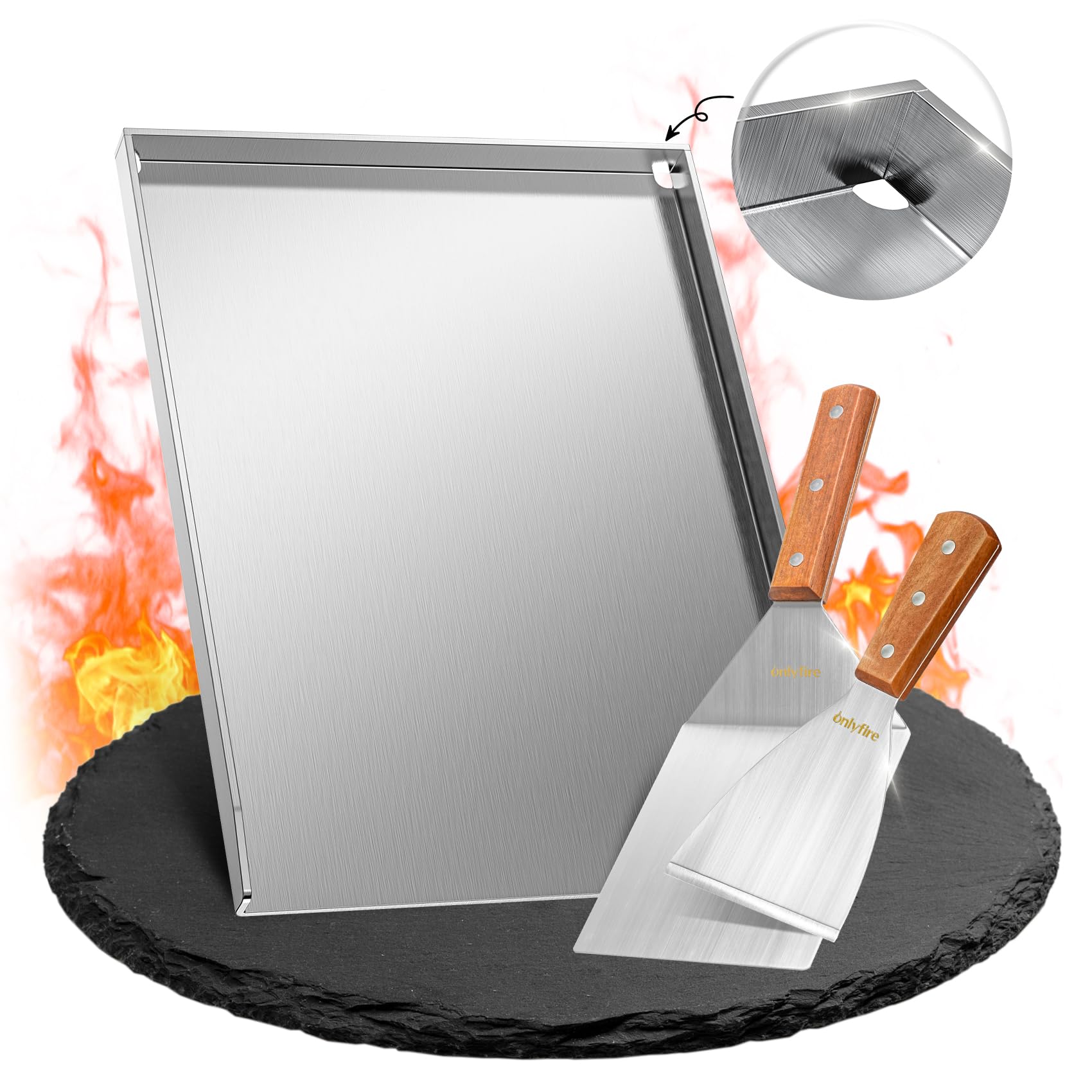 Onlyfire Plancha Barbacoa de Acero Inoxidable con 2 Espátulas BBQ para La Mayoría de Las Barbacoas de Gas y Carbón, Accesorios para Plancha, 40 ×30 × 2.5 cm | Plancha rectangular con raspador de barbacoa y espátula de parrilla para la mayoría de parrillas