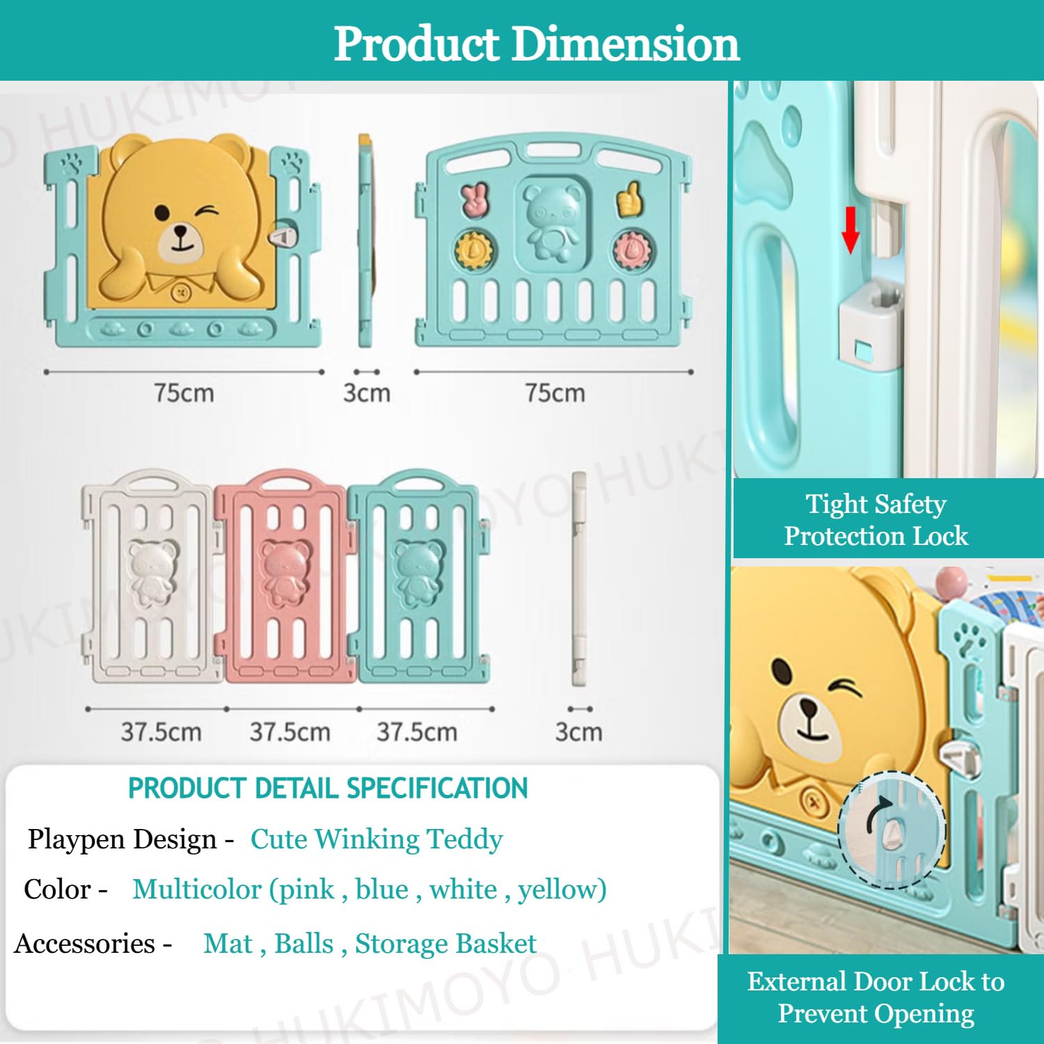 Hukimoyo 18 Panel Playpen for Babies Upto 5 Year Baby Fence Playpen with Mat & Balls Activity Play Yard for Kids Play Area Indoor Setup Fence for Toddlers Outdoor Playarea with Gate (6.1x 6.5ft=40sqft) - Image 2 thumbnail
