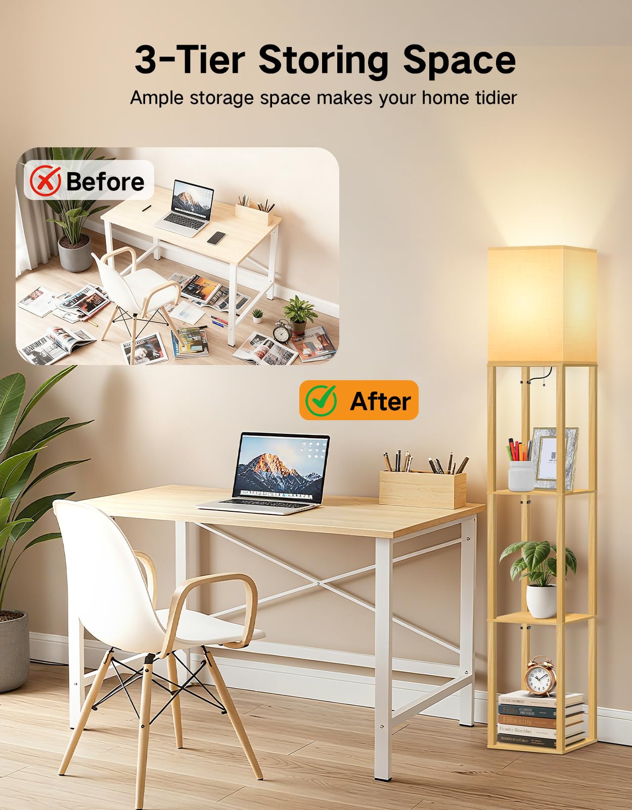 OUTON Stehlampe Holz mit Regal, 158 cm Stehleuchte, 3 Ablagen | 3 Farbtemperaturen, 9W E27 LED-Leuchtmittel, Stoffschirm für Wohnzimmer, Schlafzimmer, Büro, Flur, Gästezimmer