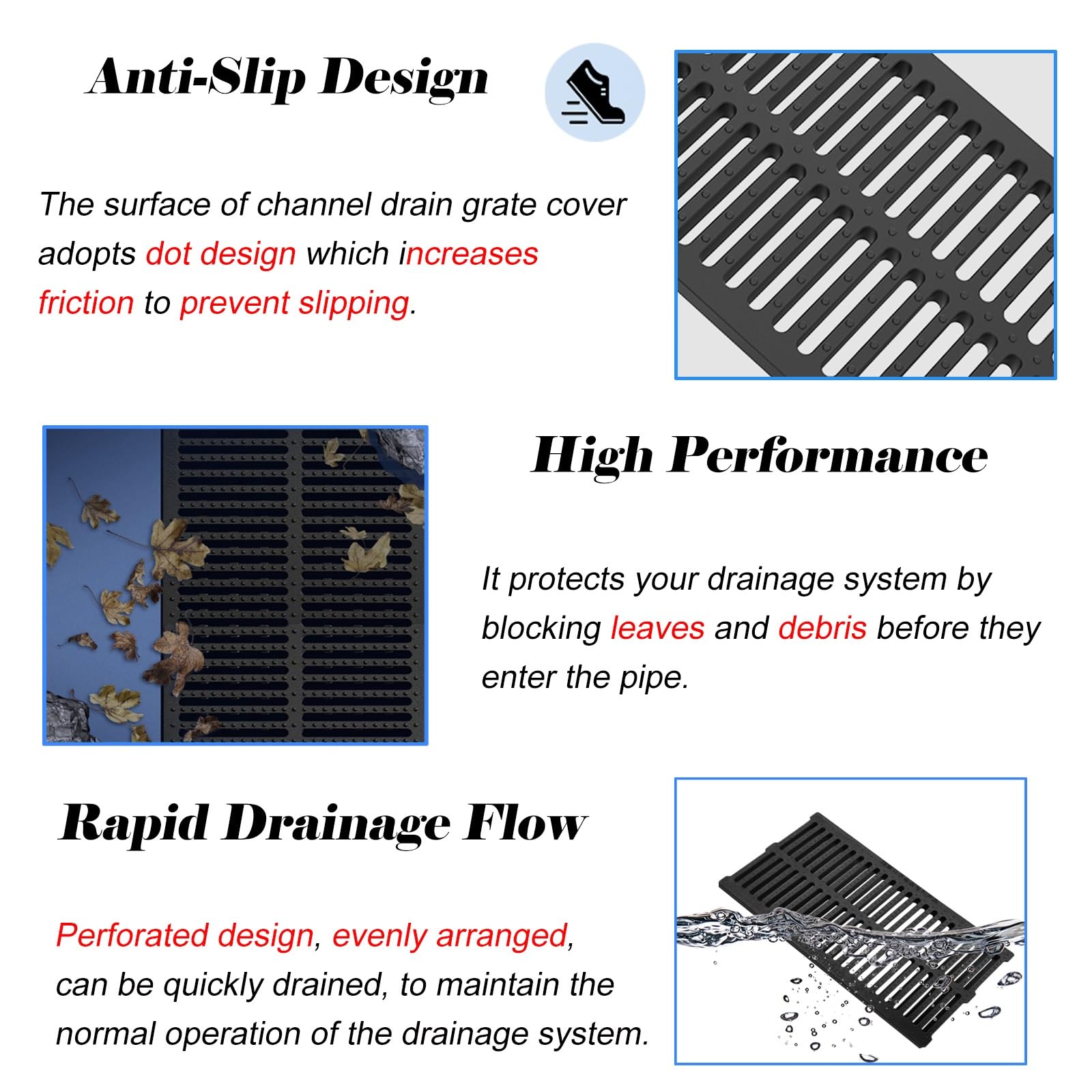 Czarna osłona odpływowa – łatwe cięcie i wkładanie, ruszt do wykopu o grubości 0,8–1,2 cala na parking, twarz, do ogrodu i chodników (40 x 25 x 2,5 cm) – i wszechstronny drenaż Solut