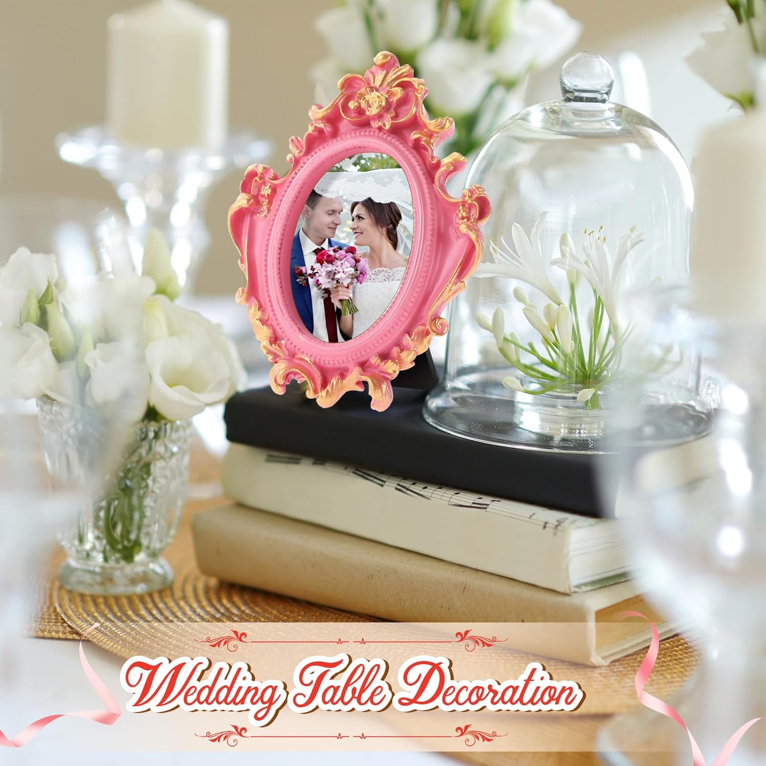 Maitys 5 Pcs Mini Picture Vintage Frames with Stands Tiny Antique Photo Baroque Ornate Resin Oval Frame Table Top Display Home Wedding Decor (Pink Gold)