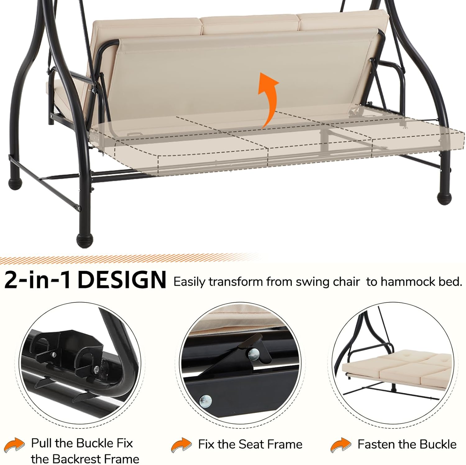 U-MAX Porch Swing Chair with Adjustable Backrest&Canopy, 3 Seat Patio Swing with Canopy 2-in-1 Convertible Outdoor Swing with Canopy Patio Daybed with Removable Beige Cushions for Adults