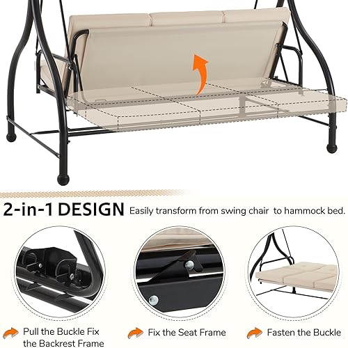 Miniatura 2 de U-MAX Silla columpio para porche con respaldo y toldo ajustables, columpio de patio de 3 asientos con dosel, columpio convertible 2 en 1 para
