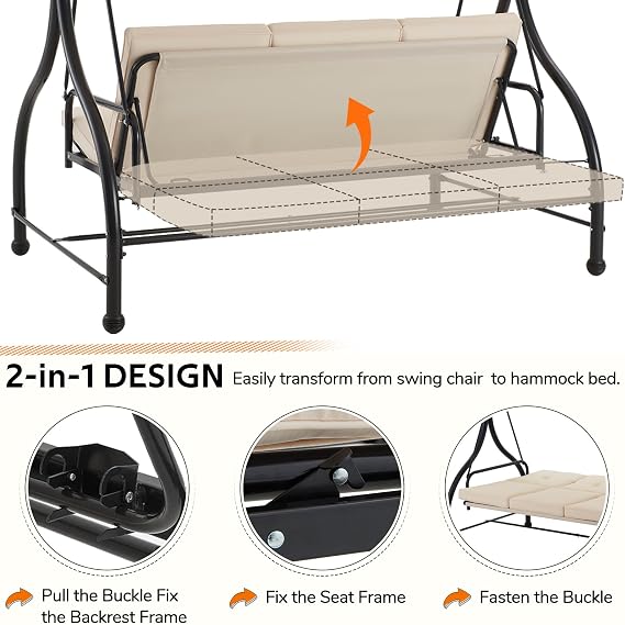 U-MAX Porch Swing Chair with Adjustable Backrest&Canopy, 3 Seat Patio Swing with Canopy 2-in-1 Convertible Outdoor Swing with Canopy Patio Daybed with Removable Beige Cushions for Adults