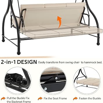 U-MAX Porch Swing Chair with Adjustable Backrest&Canopy, 3 Seat Patio Swing with Canopy 2-in-1 Convertible Outdoor Swing with Canopy Patio Daybed with Removable Beige Cushions for Adults
