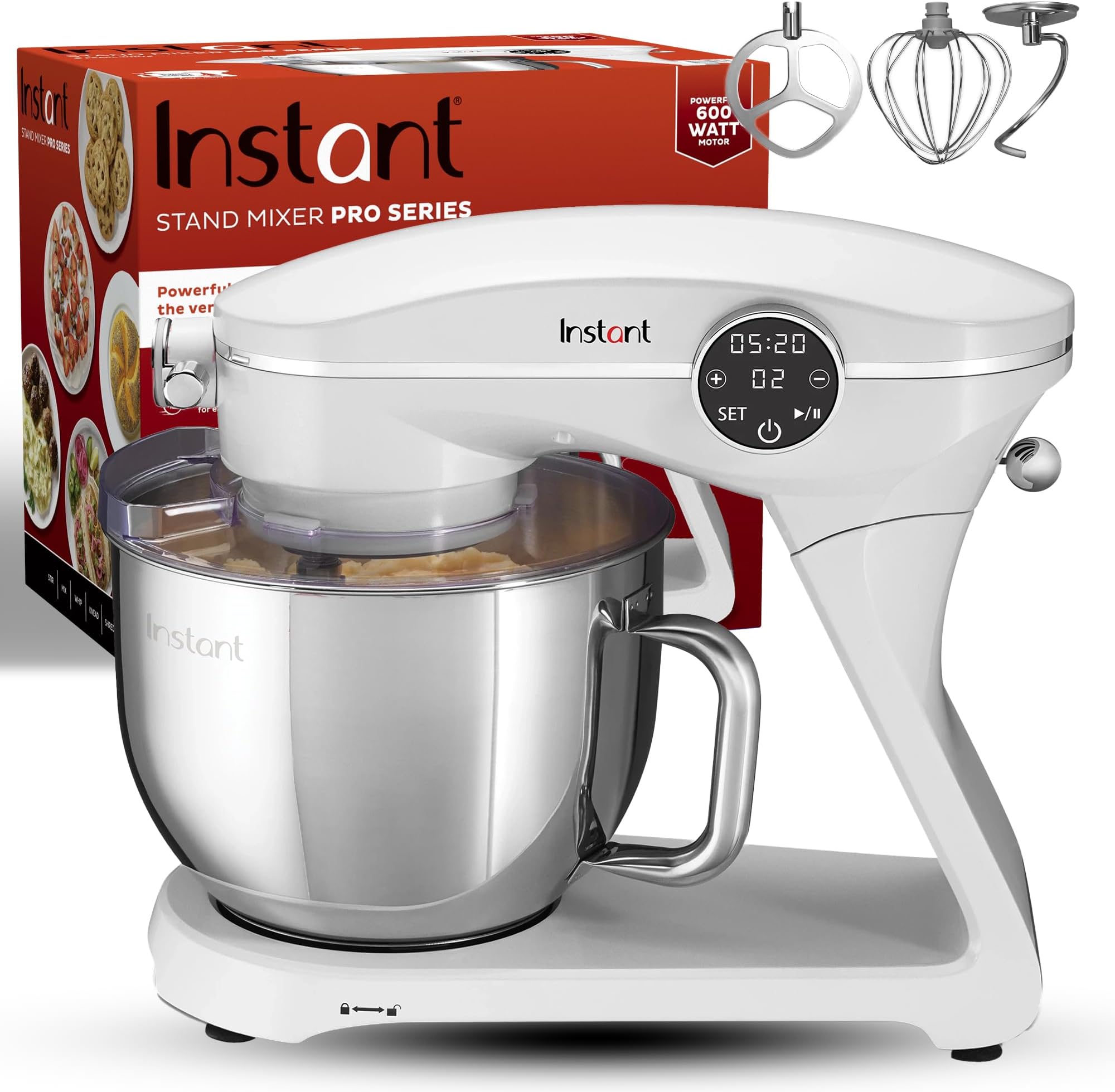 Instant Stand Mixer Pro,600W 10-Speed Electric Mixer with Digital Interface,7.4-Qt Stainless Steel Bowl,Dishwasher Safe Whisk,Dough Hook and Mixing Paddle,Pearl