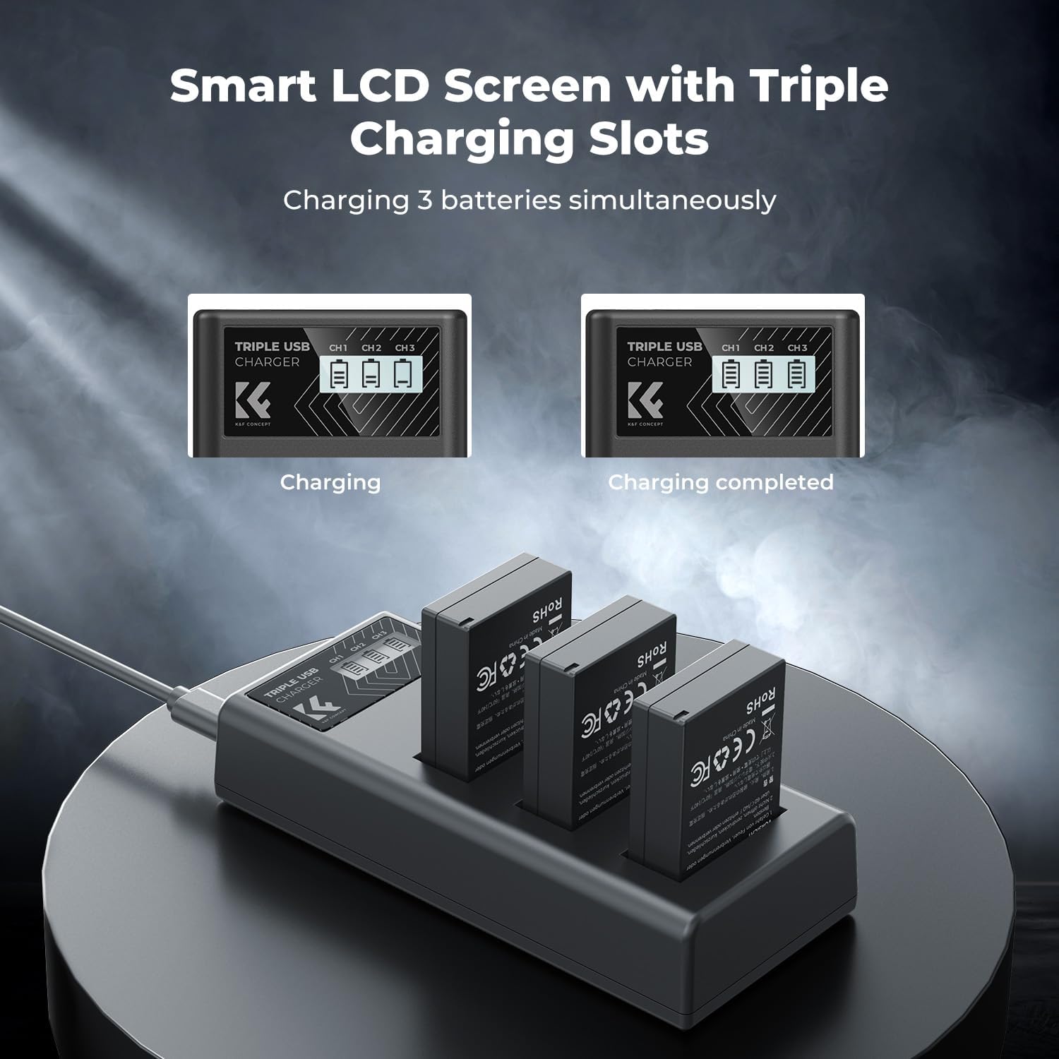 K&F CONCEPT LP-E12 Battery 3-Pack and Upgraded LCD EOS M50 Battery Charger Compatible with Canon M50, M50 Mark II, M, M2, M10, M100, M200, Rebel S1, PowerShot SX70 HS Cameras