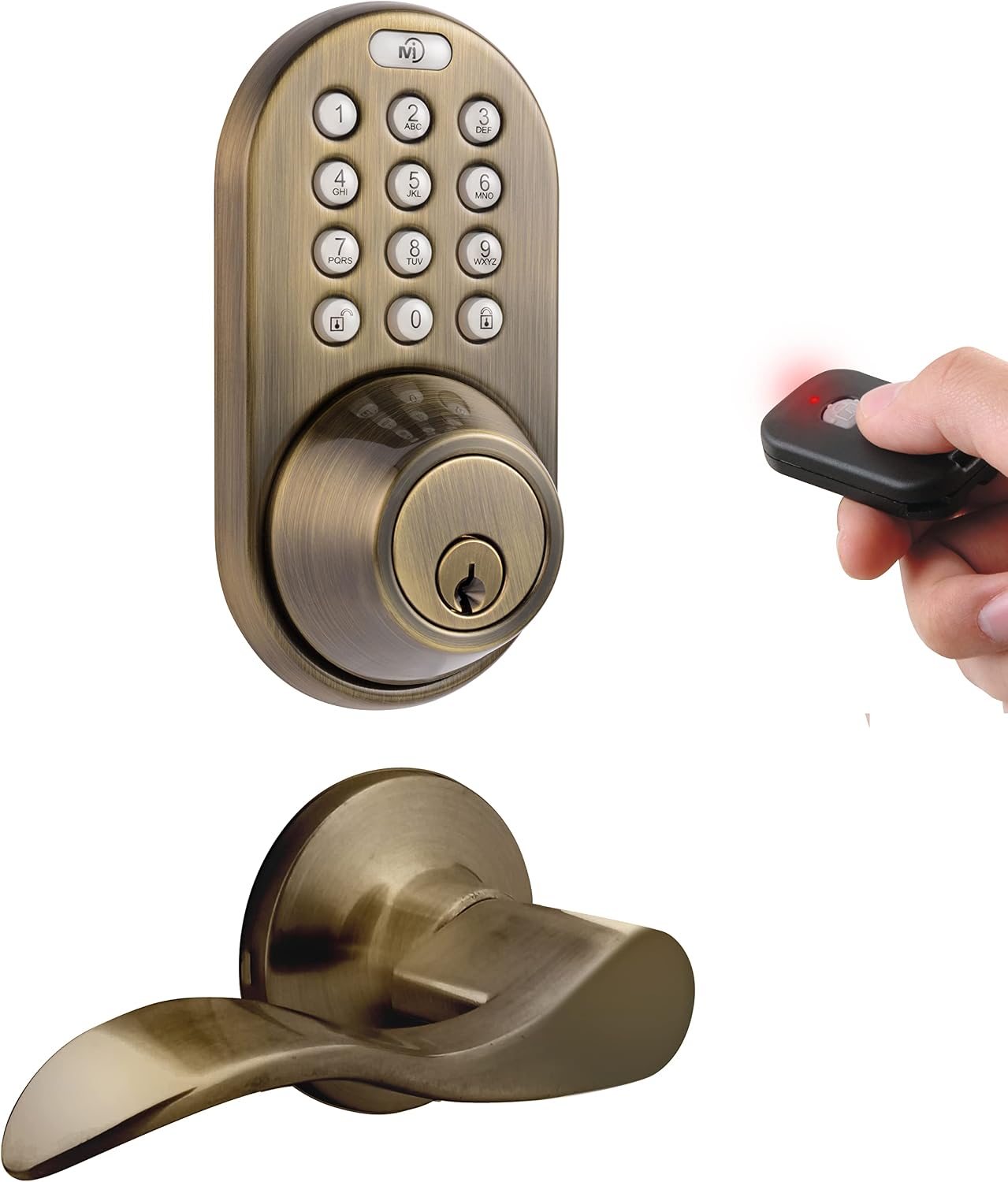 MiLocks XFL-02AQ Digital Deadbolt Door Lock and Passage Lever Handle Combo with Keyless Entry via Remote Control and Keypad Code for Exterior Doors, Antique Brass