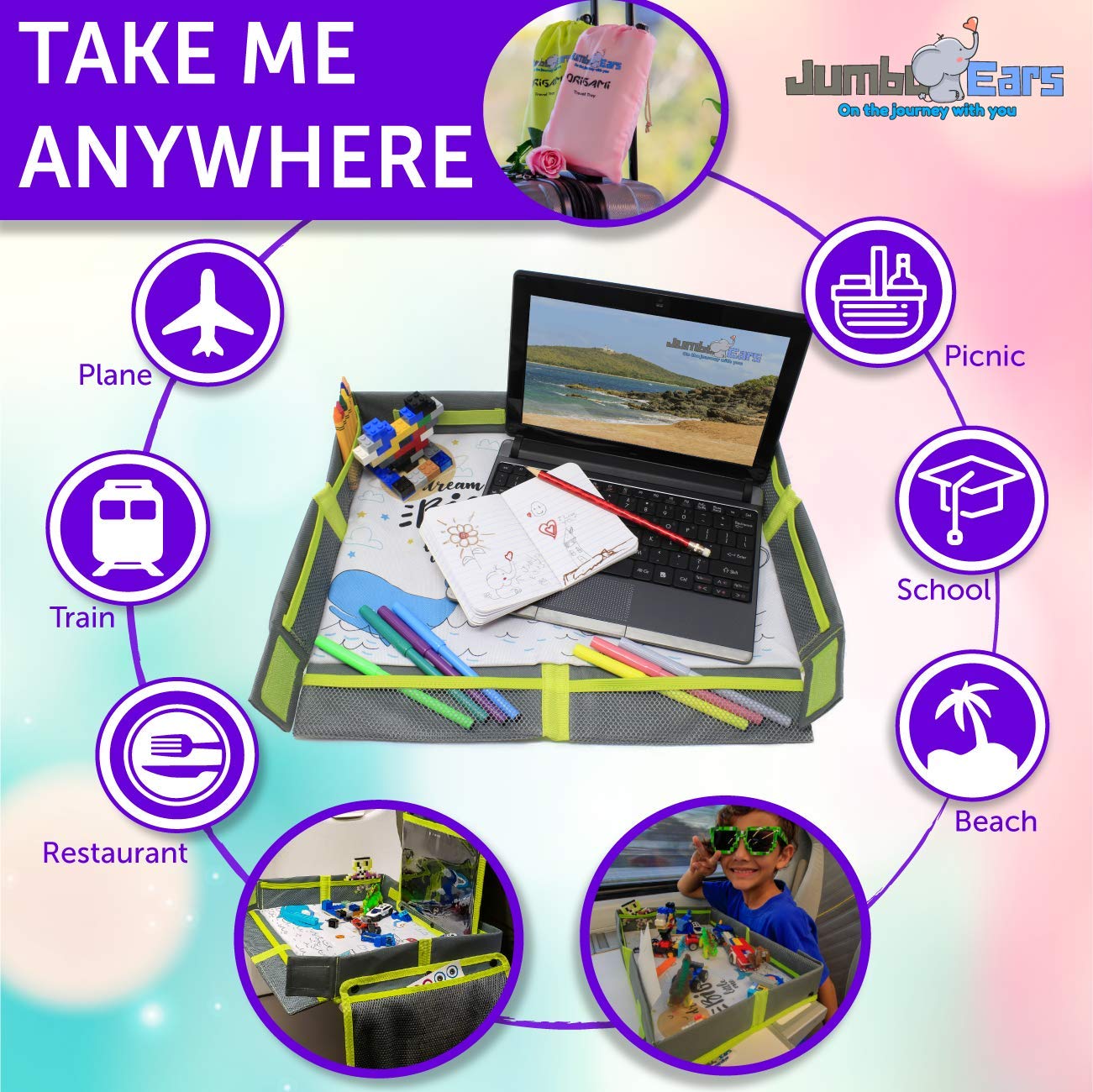 Gray Foldable Origami Kids Travel Tray Placemat Cover, Easy to Setup with Bonus Portable Multipurpose Side Pockets Organizer for Tablets and Phones Activities or Snacks for Toddler