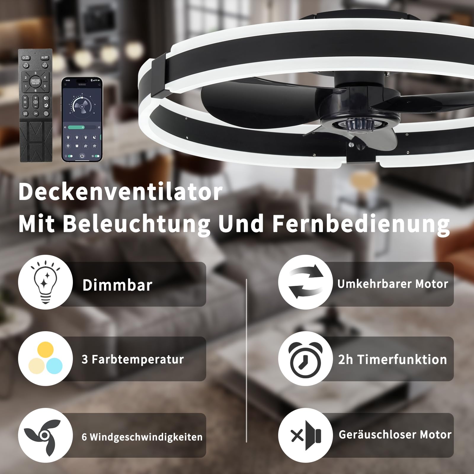 Deckenventilator Mit Beleuchtung,50cm lampe mit ventilator Und Fernbedienung,50W,4000Lm LED Dimmbare deckenleuchte mit ventilator,DC,Timer, Deckenlampe Mit Ventilator Für Schlafzimmer Wohnzimmer