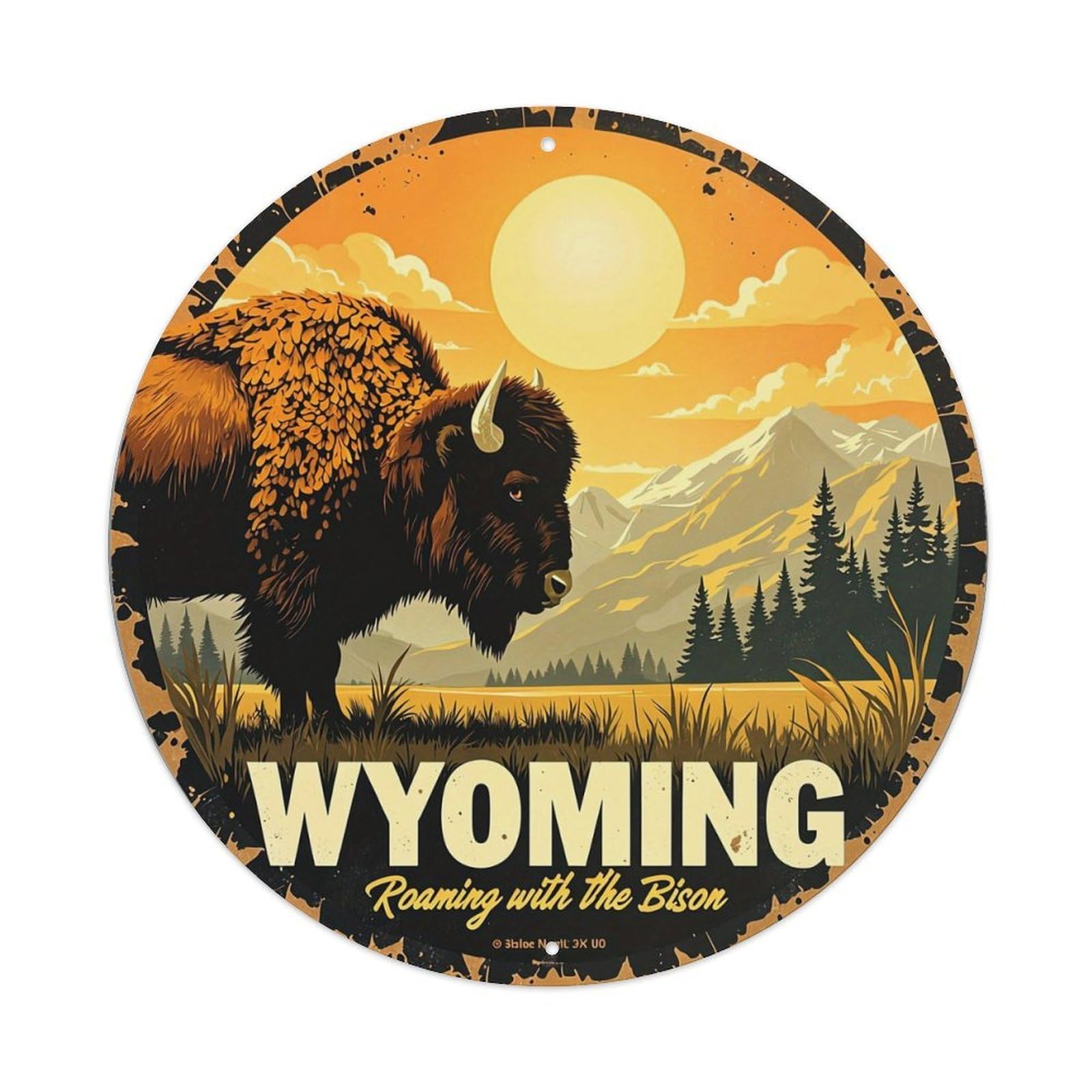 Bison Landscape Sunset Mountains Grass Metal Tin Sign Plaque