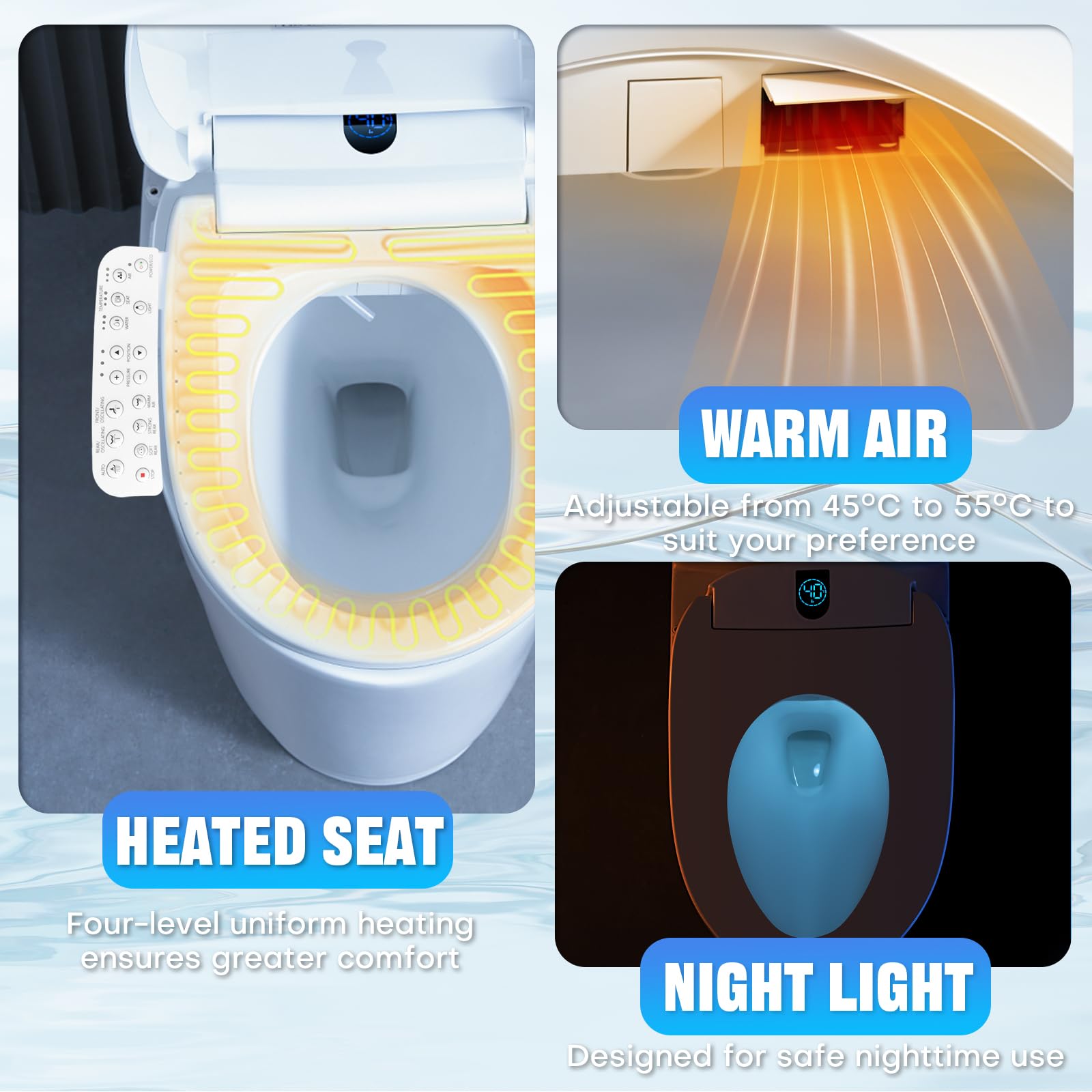 Asiento de Inodoro Inteligente con Bidet, Modelo Alargado Eléctrico con Cuatro Modos de Limpieza, Temperatura y Presión Ajustables, Asiento con Calefacción y Mando de Control