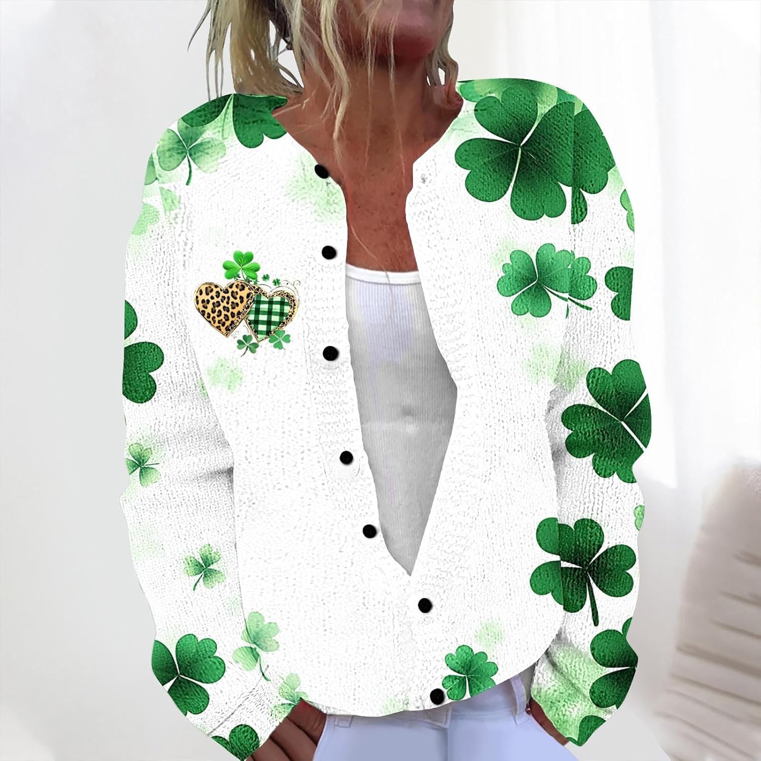 St Patricks Day Cardigan Sweaters Women Lightweight Knit Cardigans Jackets Button Down Lucky Shamrock Clover Blouse - Image 2