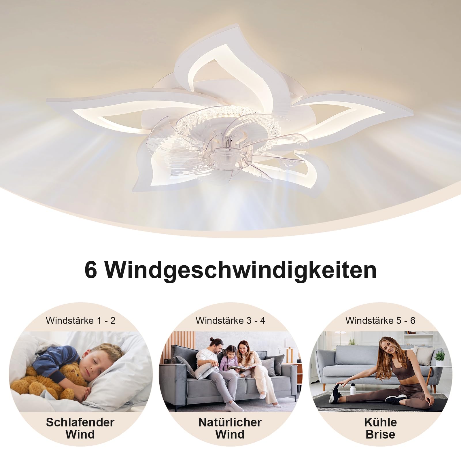 LED Deckenventilator mit Licht Leise, 69 cm Deckenventilator mit Beleuchtung Dimmbar (3000K-6000K), App & Fernbedienung, für Schlafzimmer/Wohnzimmer, 47W, Weiß