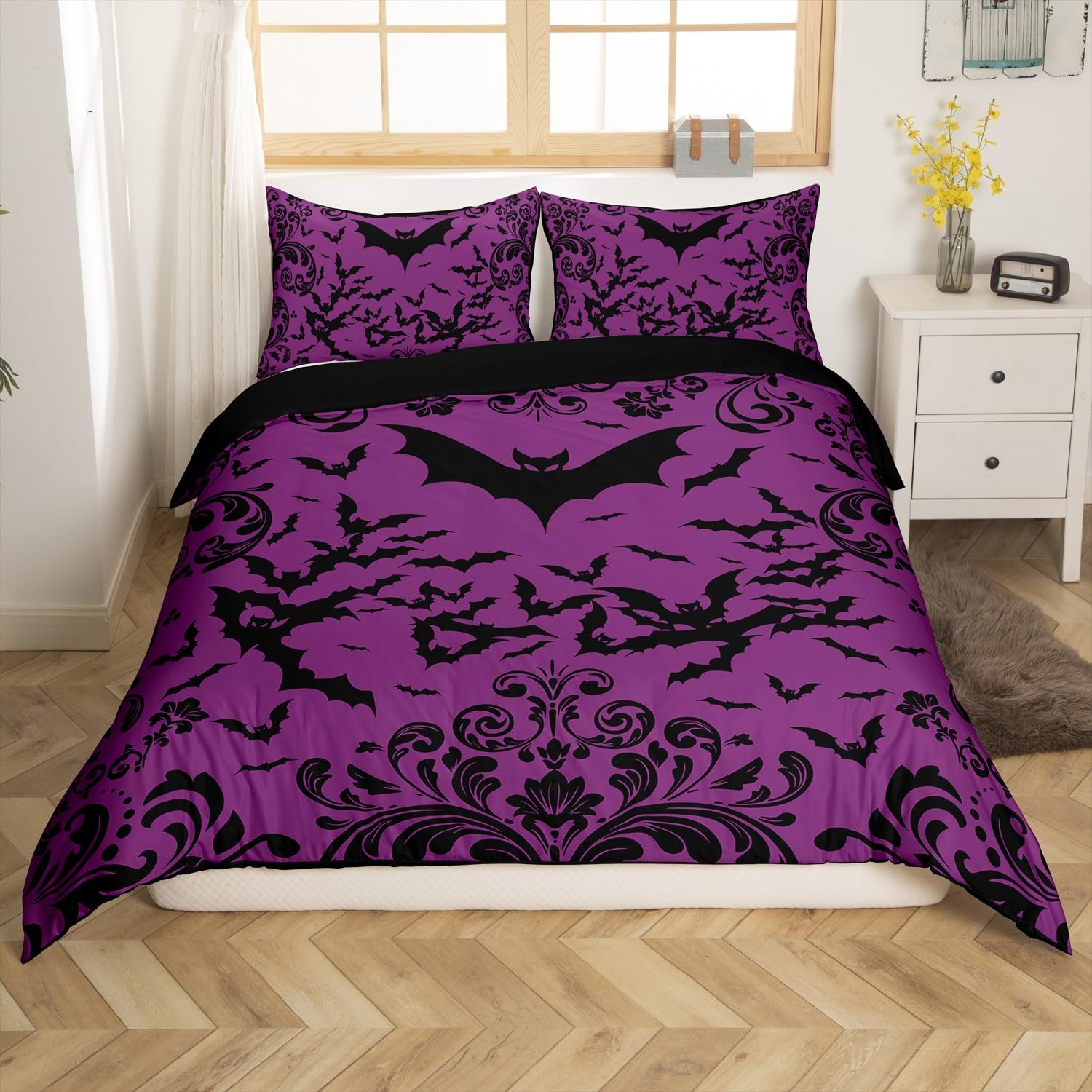 Homewish Halloween Bat King Bedding Sets for Girls Women,Purple Black Bats Duvet Cover Gothic Damask Flowers Comforter Cover Goth Floral Animal Bed Set Halloween Room Decor Zipper 3 Pcs - Image 3