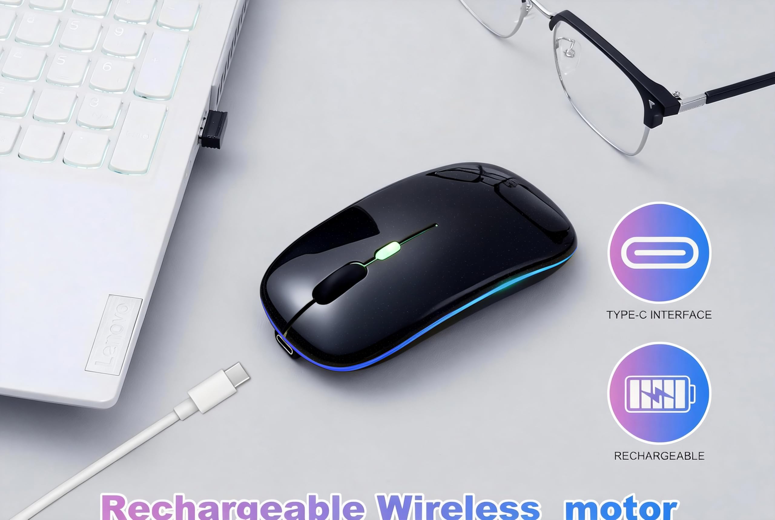 Wireless Bluetooth Mouse Rechargeable Long Lasting Dual Mode - BT 5.2 & 2.4G Silent RGB LED Mice, Slim Portable Ergonomic Mouse for Laptop/PC/Tablet/MacBook/iPad/Apple Devices(Black) - 4