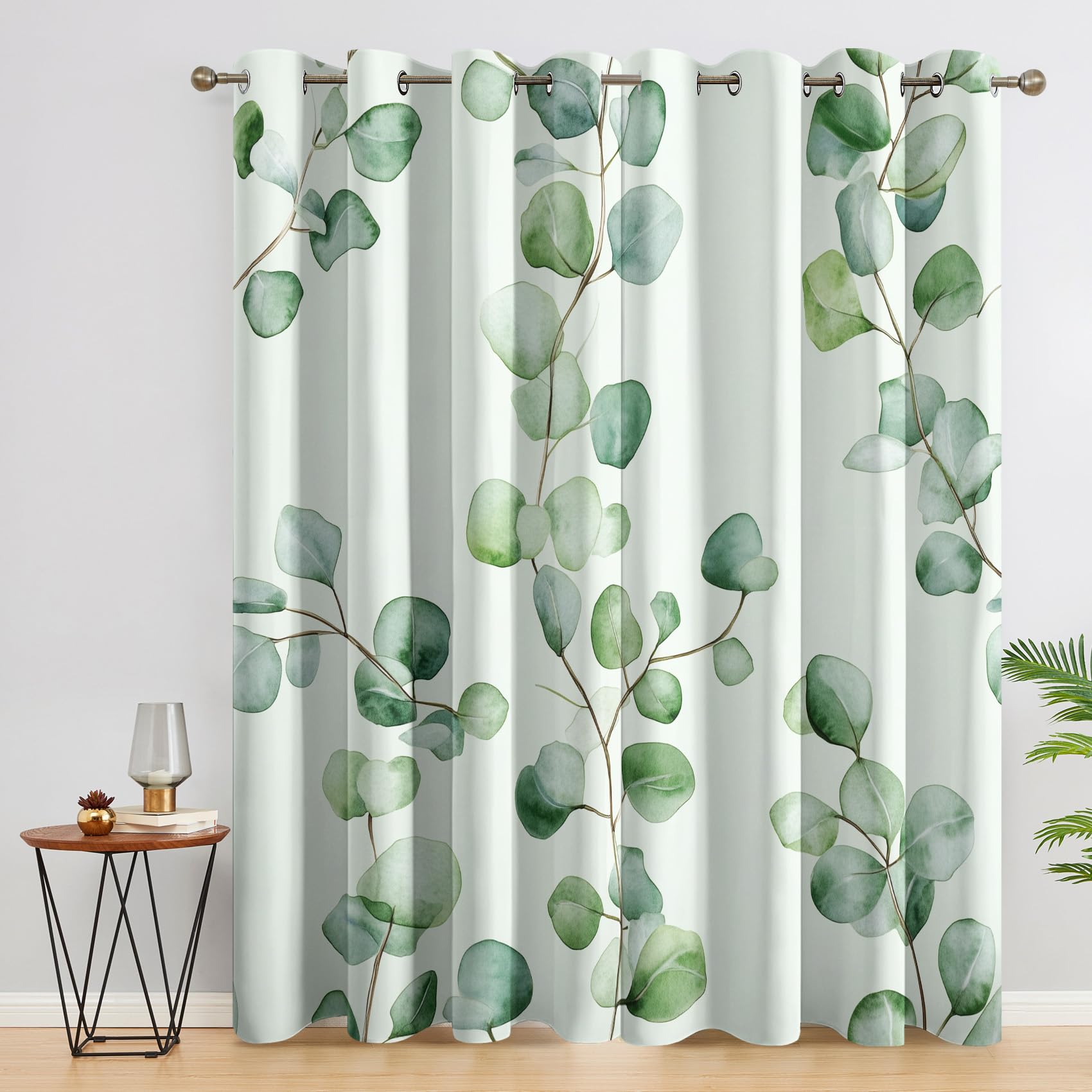 Eucalyptus Leaves Blackout Curtains, Watercolor Leaf Curtains for bedroom, Living Room, Thermal Insulated Noise Reduction Eyelet Drapes, 72 Inch 2 Panels Set, (W46 x L72)