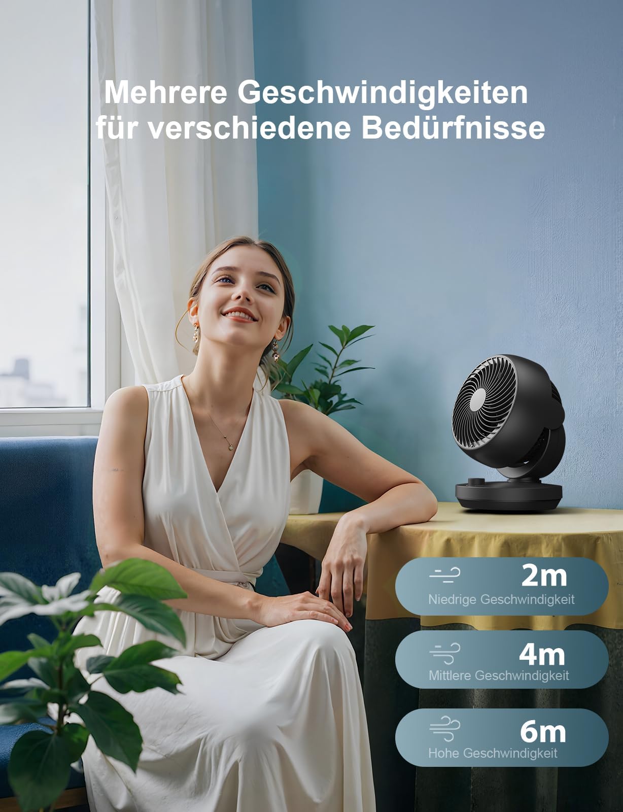 Ventilator Leise, 22dB Tischventilator mit Luftzirkulation, Leistungsstarken 3D Turbo Air Circulator, 3 Stufen & 100°/90° Verstellbarer Neigung, für Schlafzimmer, Büro und Wohnzimmer bis 21m², Schwarz