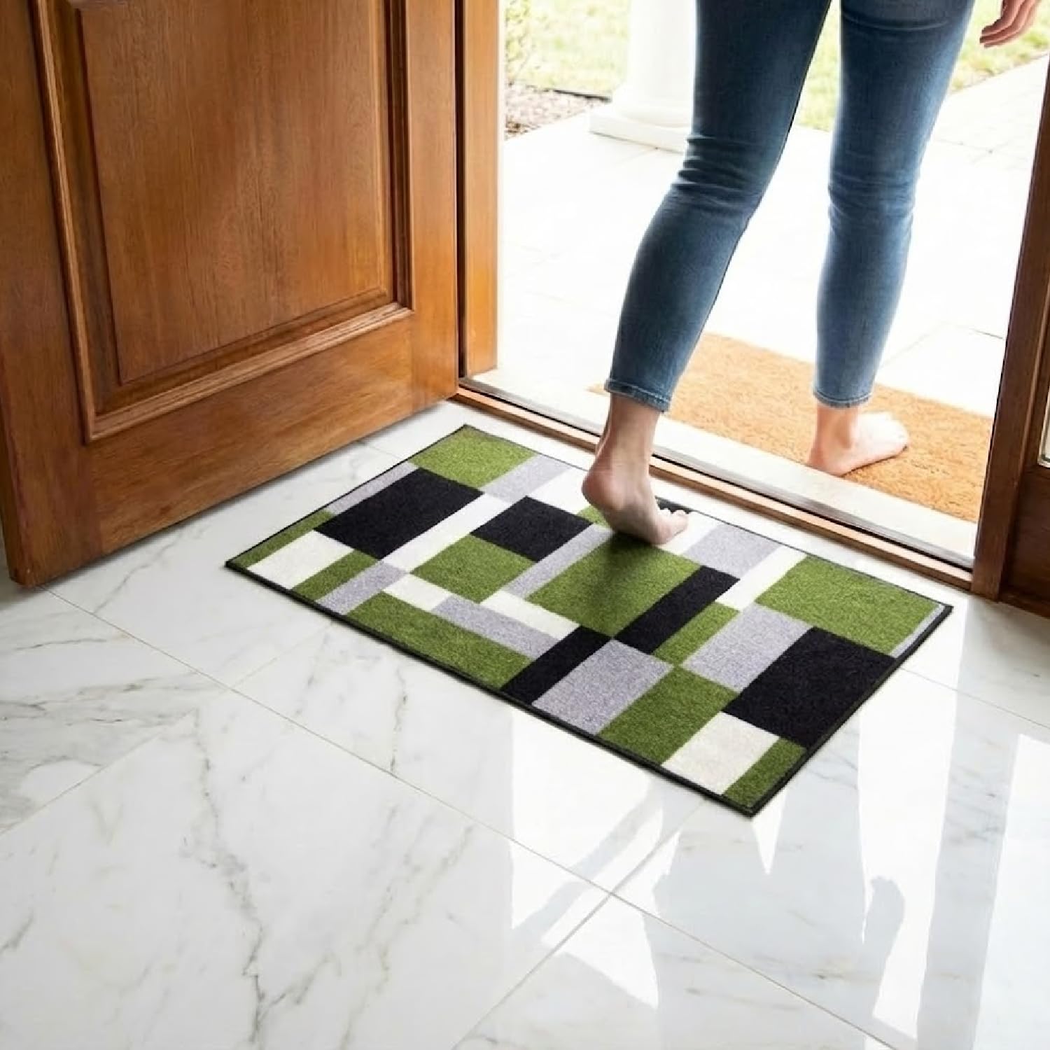 Fit Even Kilas Door Mat - Non-Slip Washable Doormat, Suitable for Indoor/Outdoor Use, Heavy Duty Dirt Trapper and Water Absorbent (Green Black, 60 x 110 cm)