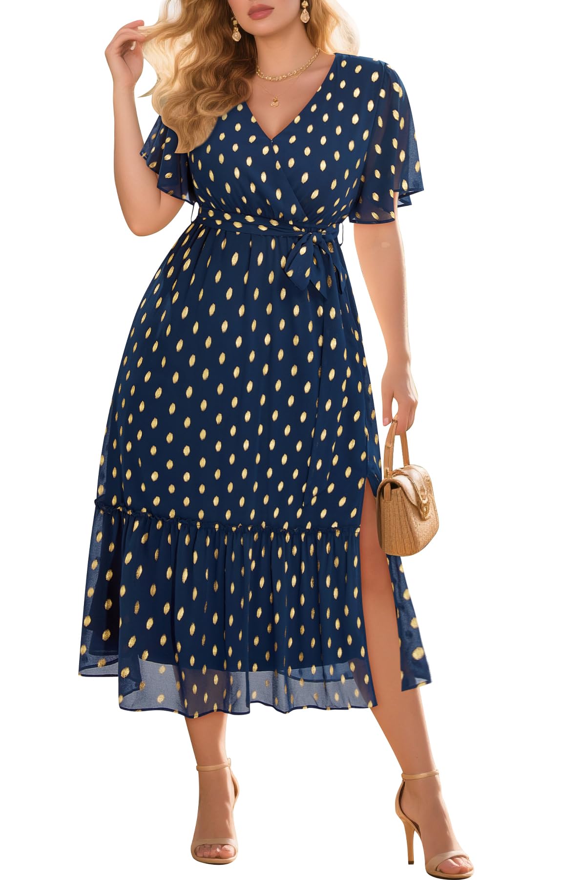 Pinup Fashion Plus Size Wedding Guest Semi Formal Gold Dot Cocktail Dress | Gold dot chiffon fabric, v-neck, ruffle sleeves, belt, side slit, a-line,