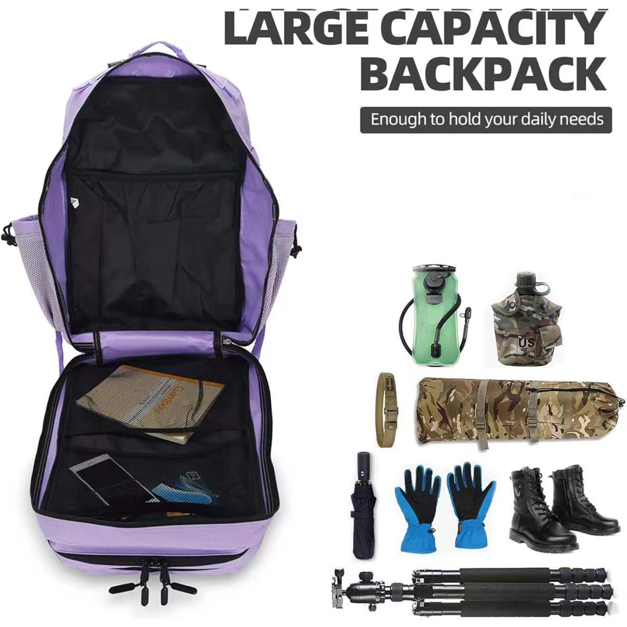 Lovelinks21 Plecak taktyczny o pojemności 45 l, 3-dniowy plecak szturmowy z systemem Molle, wodoodporny plecak turystyczny, plecak taktyczny, jasny fiolet, Large, Plecak
