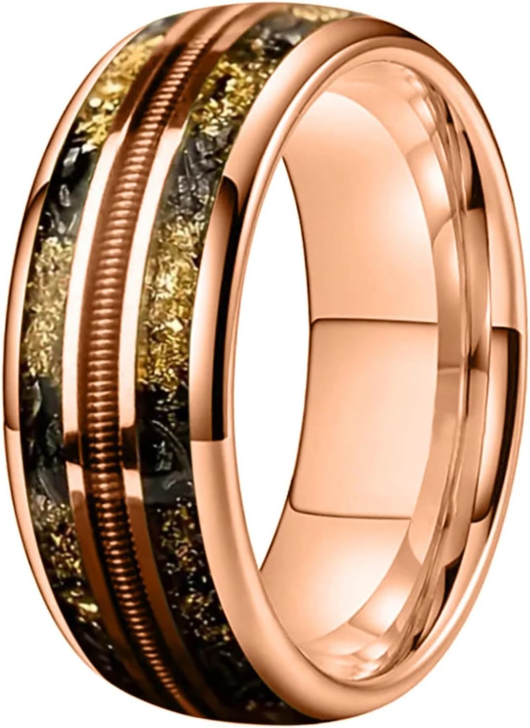 8mm Rose Gold Color Meteorite Gold Foil Guitar String Ring Men Women Tungsten Wedding Band Wood Inlay