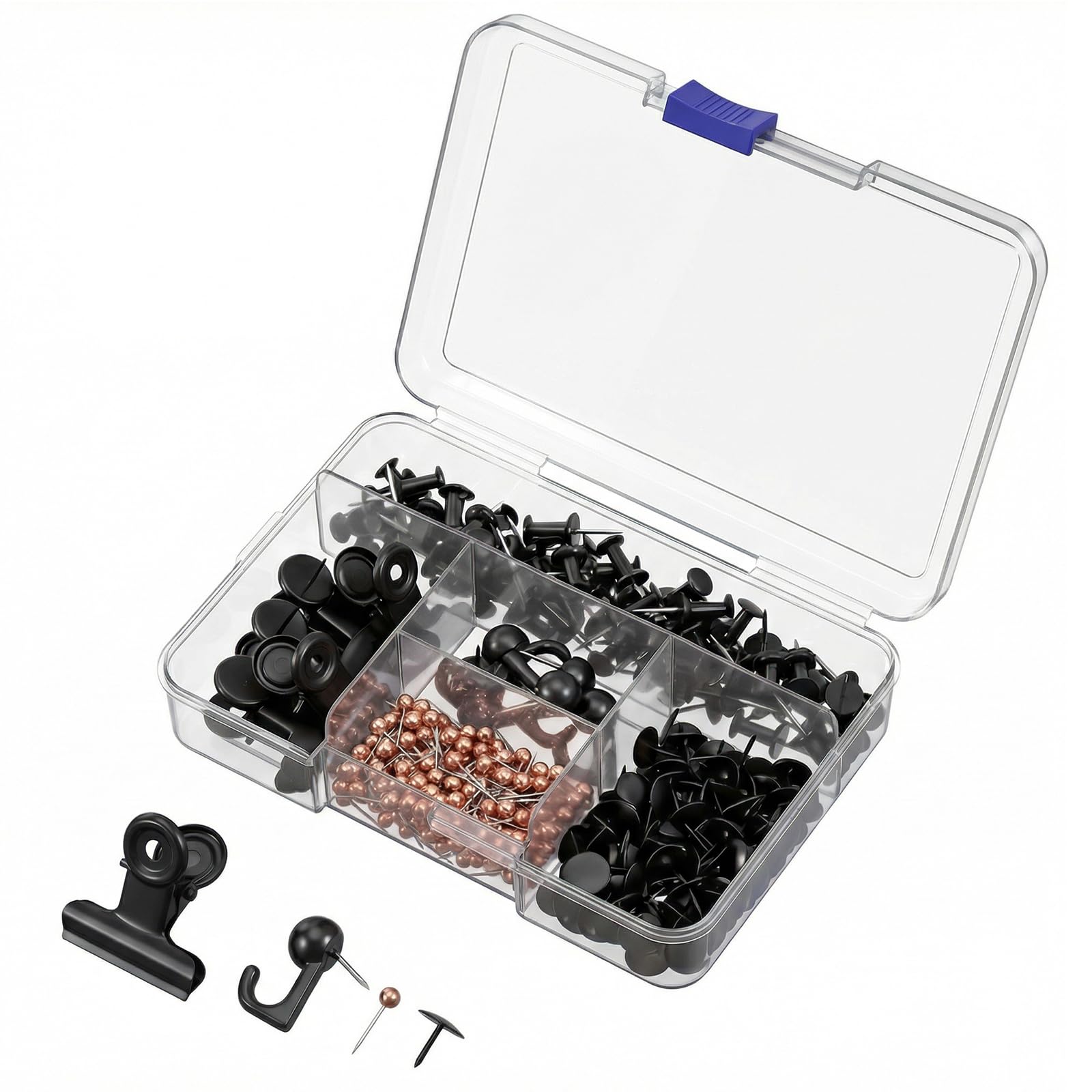 JIANTA 350 Pcs Black Push Pins, 5 Styles Drawing Pins with Storage Box, Thumb Tacks Hooks for Cork Notice Pinboard Bulletin Board