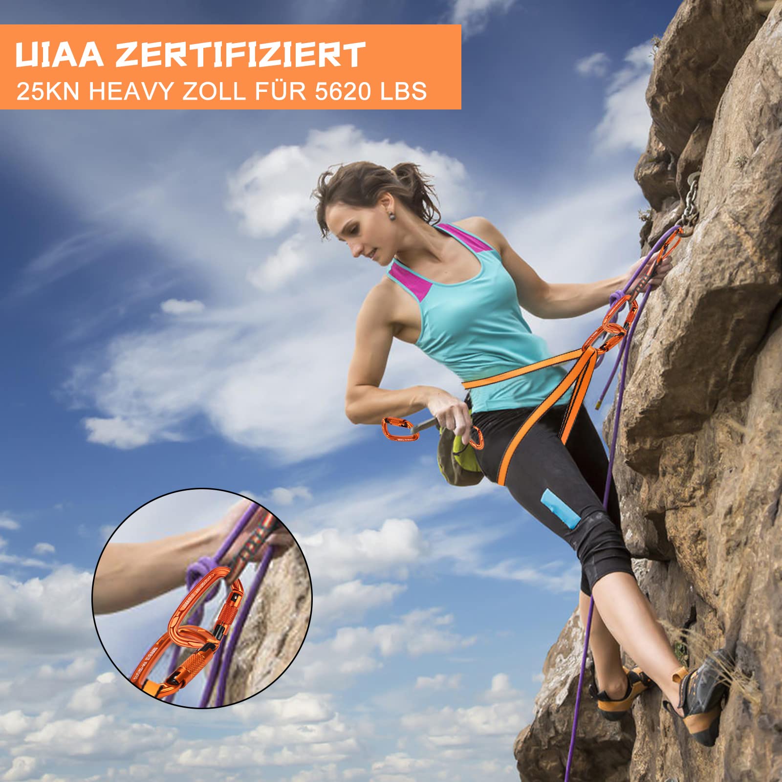 Karabiner Klettern Kletterausrüstung, 2 Stück UIAA-Zertifiziert 25KN Auto Locking Kletterkarabiner Clips +2 Stück 22KN Nylon Seil，zum Klettern, Bergsteigen, Wandern