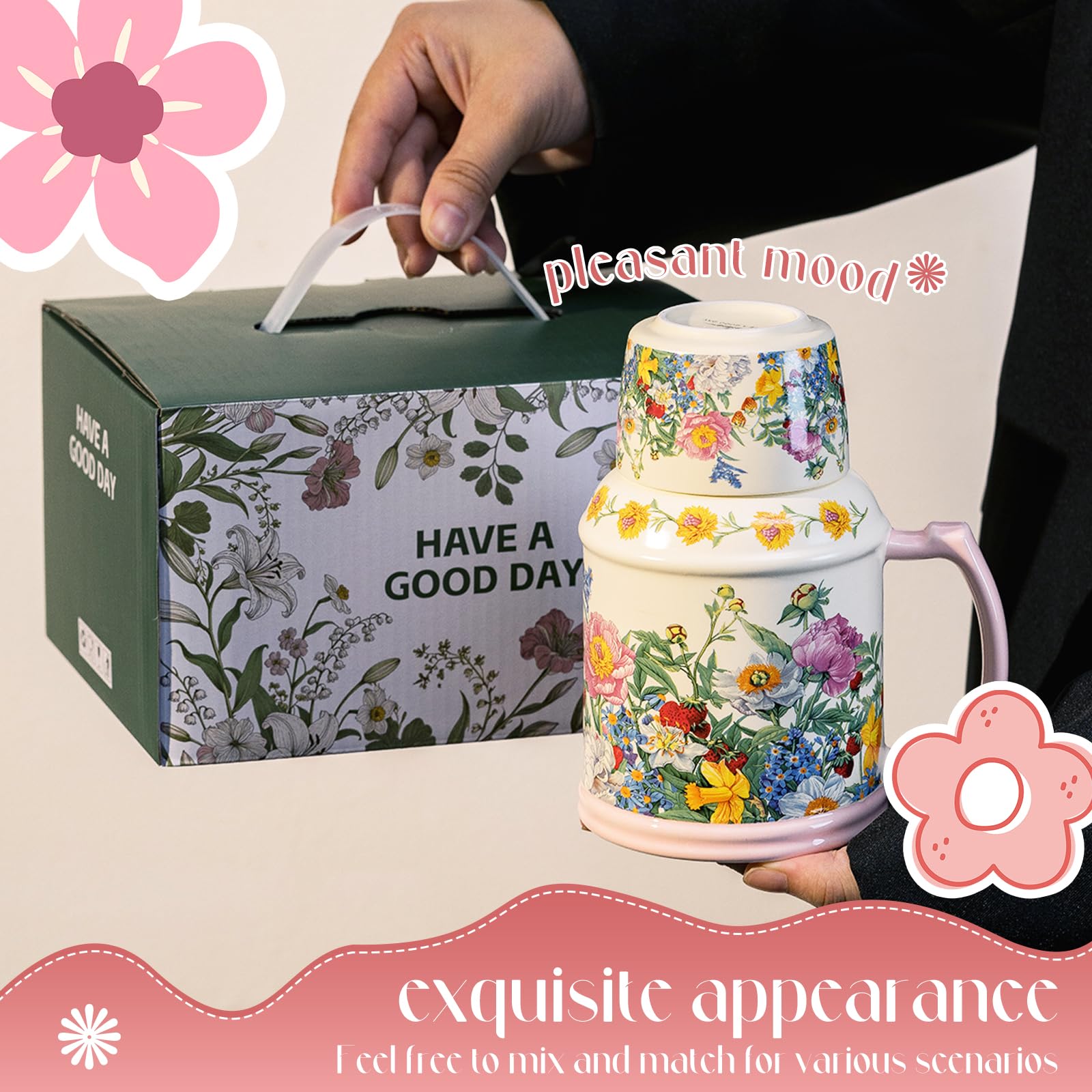 OHAANYY Teiera Vintage in Porcellana 650 ml, Set da Tè 2 in 1 con Tazza (Coperchio Rimovibile), Servizio da Tè Singolo per Casa e Ufficio, Idea Regalo (Fiori Freschi)