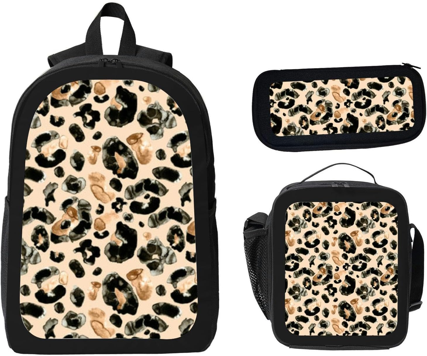 S uppercase letter white leopard fur Backpack with Lunch Box Pencil Set 3 Women Men, Multi9, 17x12.6 x5.1in, Traditional Backpacks