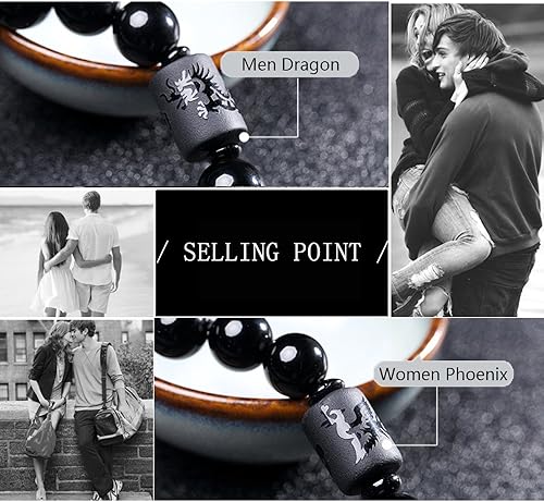 Vista 4 de KIOMOY Pulsera de obsidiana de cristal grabada con tótem de dragón o fénix con cuentas cilíndricas para hombres o mujeres, cadena de piedra natural