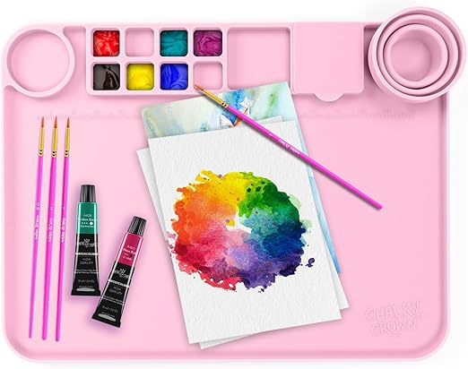 CHALKY CROWN - Silicone Mat with Silicone Cup for Crafts - Silicone Painting Mat - Thick Large Silicone Artist Mat with Cup & Raised Edge for Painting 17.7"x13.7" - Pink