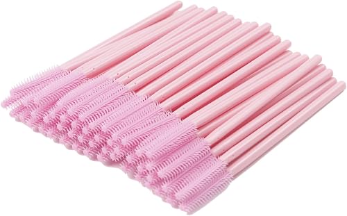BIHRTC Pack of 100 One-Off Disposable Silicone Eyelash Mascara Brushes Wands Applicator Eyebrow Brush Makeup Tool Kit Set (Tower Shape - Pink)