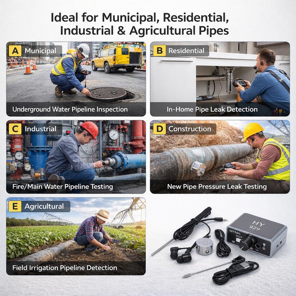 HY 929 Détecteur de Fuite D'eau, Kit D'accessoires de Détecteur de Fuite de Conduite D'eau à Haute Intensité Moniteur de Fuite de Conduite D'eau Souterraine avec écouteurs