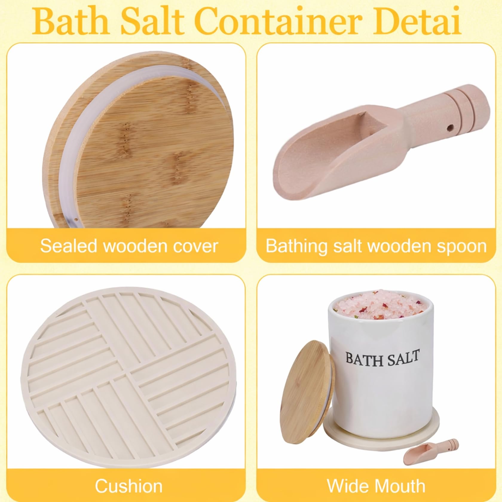 Barattolo in vetro con coperchio in bambù, ermetico per sali da bagno, Epsom sale e cosmetici, con cucchiaio e tappetino, decorazione da bagno per donne, bianco