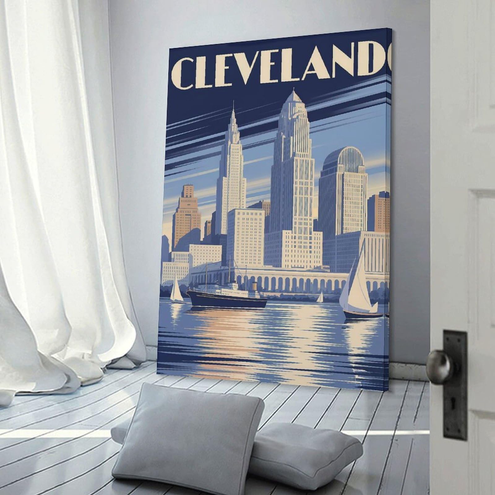 Junmoney Cleveland Cityscape Art Deco Canvas Wall Art, 12x18inch(30x45cm), for Bedroom Decor, Cosy Corners Or Studios, Stylish Decor for A Restful Room Update