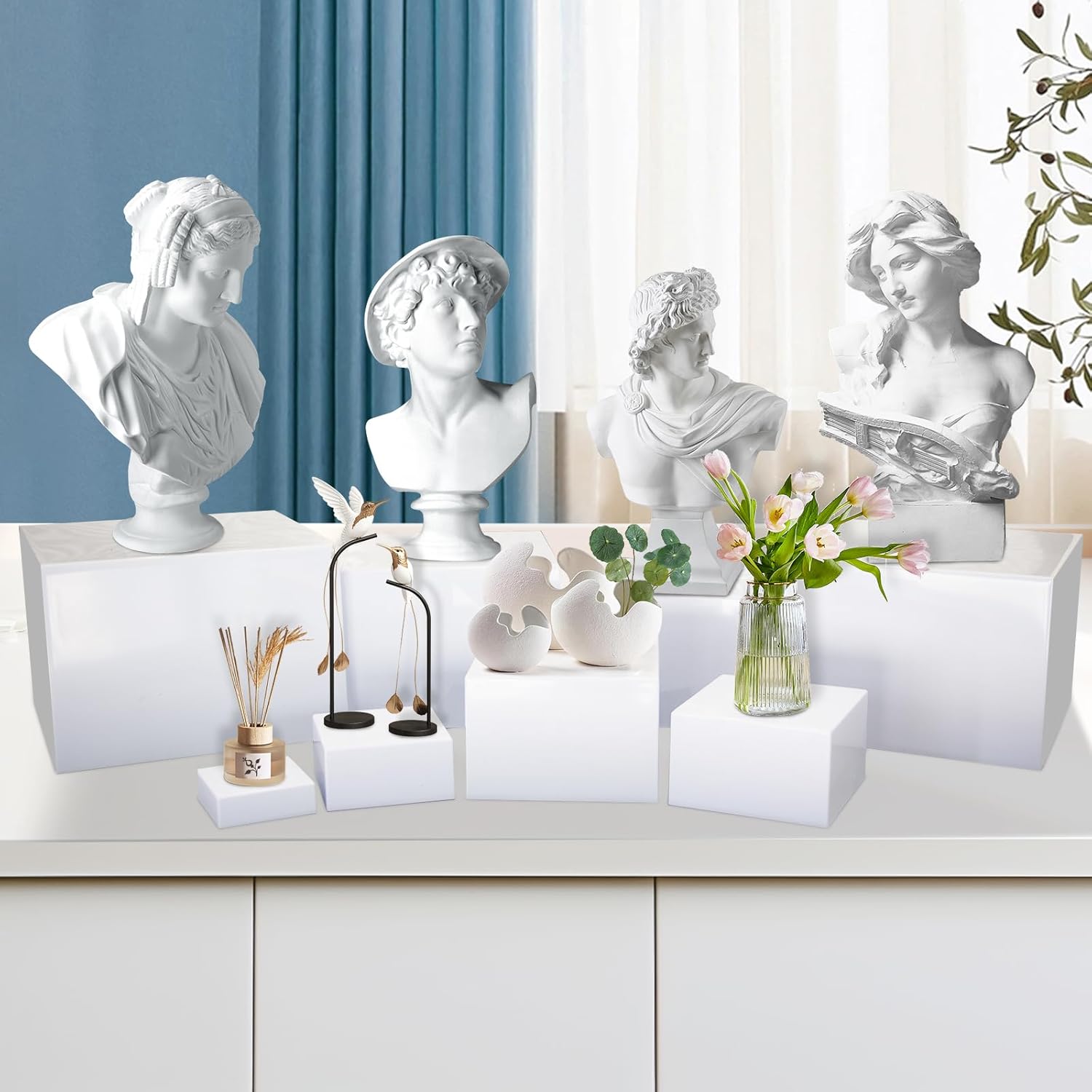 6Pcs White Acrylic Buffet Risers with 6 Mini Signs, Nesting Food Display Stands for Buffet Table with Hollow Bottoms for Parties, Weddings, Desserts, and Collectibles (8"-7"-6"-5"-4"-3")