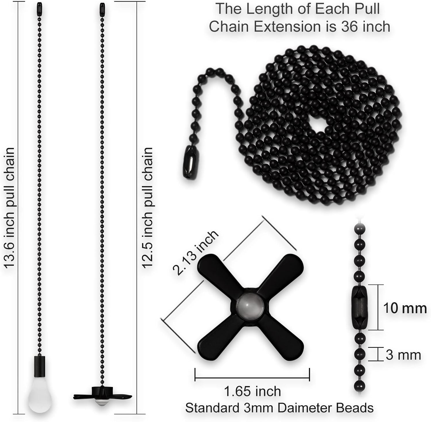 Ceiling Fan Pull Chain Set 4pcs 3mm Diameter Beaded Ball 12 inches Pendant Decorative 2Pcs 36 inches Extension, Extra 8Pcs Pull Loop Connectors(Matte Black)