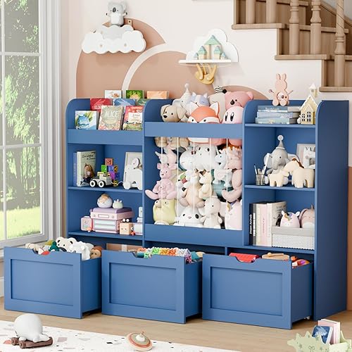 Miniatura 5 de Organizador de juguetes para niños de 61 pulgadas de ancho con almacenamiento de animales de peluche, estantería Montessori con 4 compartimentos