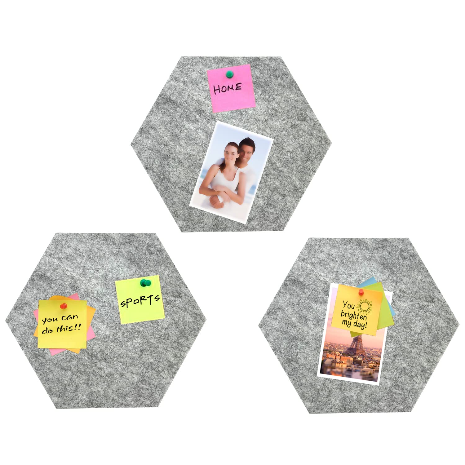 Photo 1 of Felt Board Tiles - Set of 3 Notice Memo Bulletin Pin Boards with 30 Push Pins Pack 5.9 x 7 inches (15 x 17.7 cm) (Hexagon 10"×12", Grey) Hexagon 10"×12" Grey