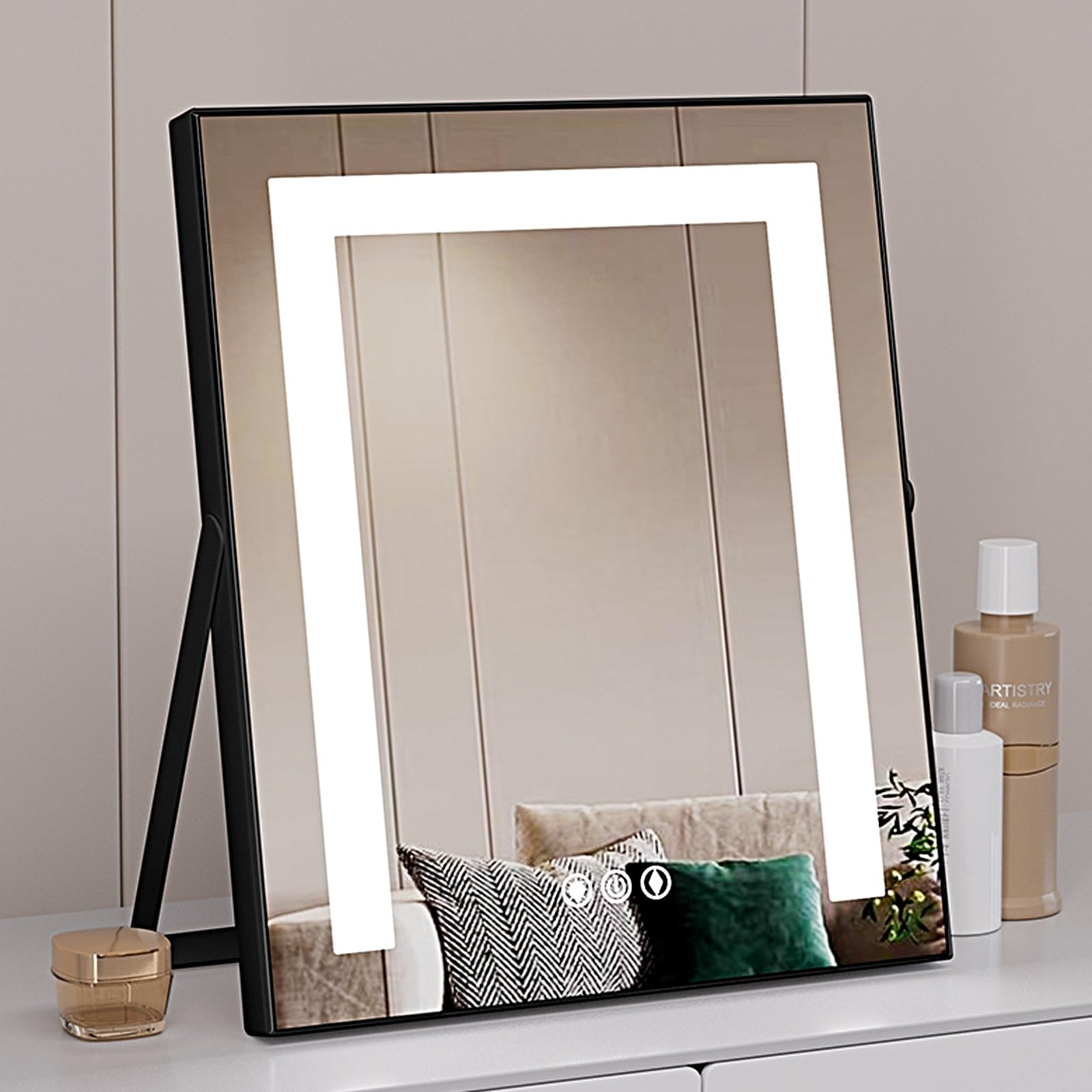 Miroir de maquillage LED 30 cm noir avec contrôle tactile et 3 modes d'éclairage