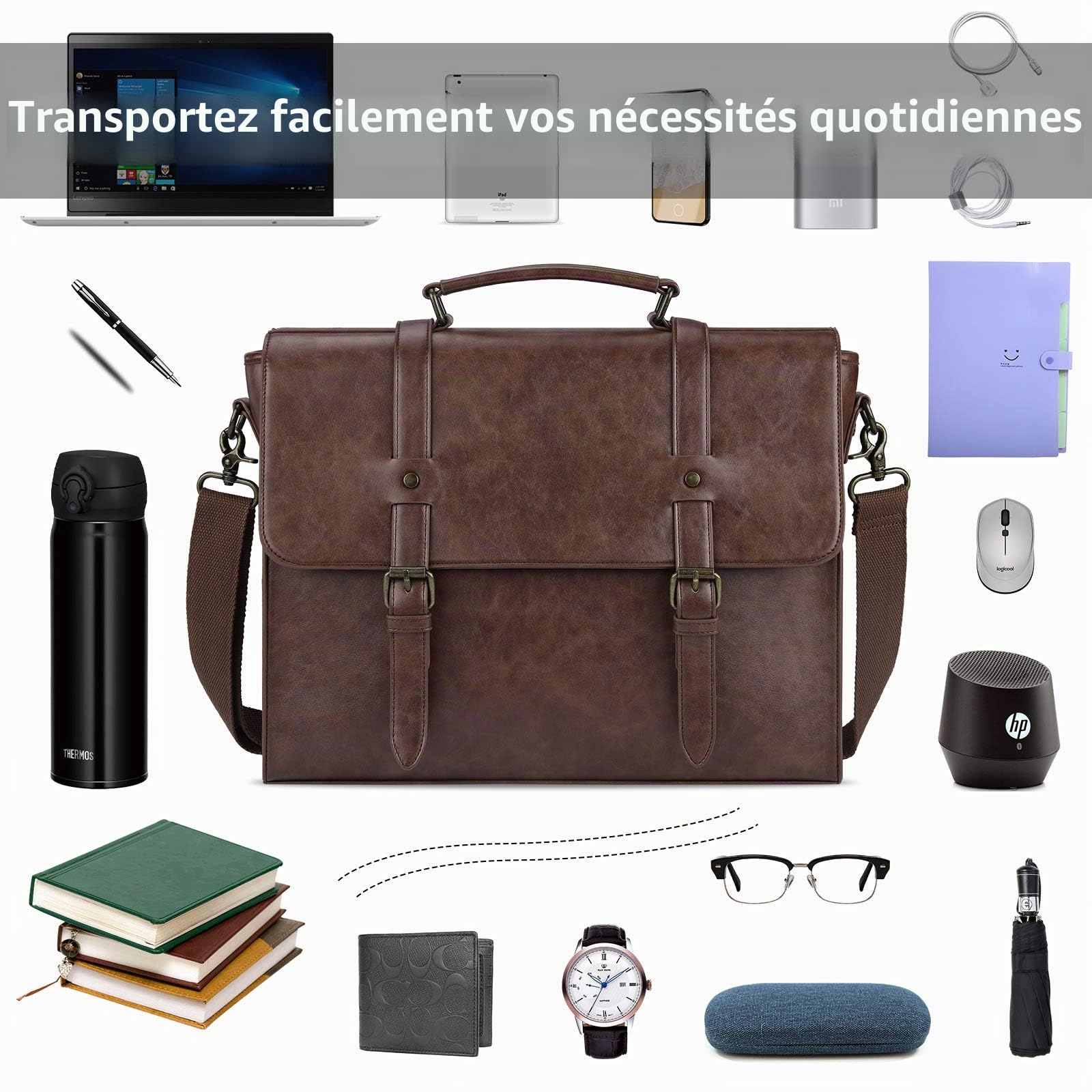 Lubardy Sacoche Ordinateur Portable 15,6 Pouces Cuir PU Sac à Main Imperméable Sac à Bandoulière Homme Sac Messenger Mallette de d'affaires Travail