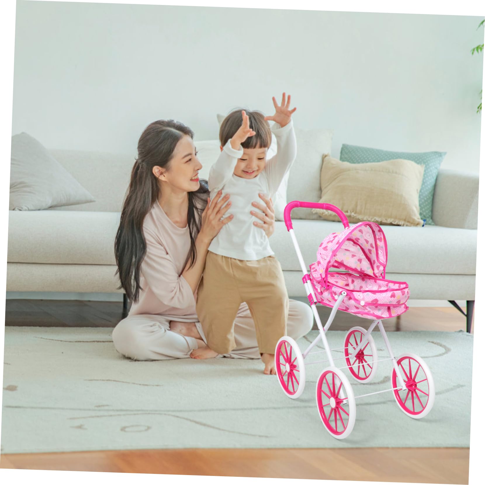 TOYANDONA Passeggino per Bambole Giocattolo Pieghevole Baldacchino Realistico e Ampio Accessori Inclusi Stimola Gioco di Ruolo Interattivo Adatto a Bambine Rosa Panno