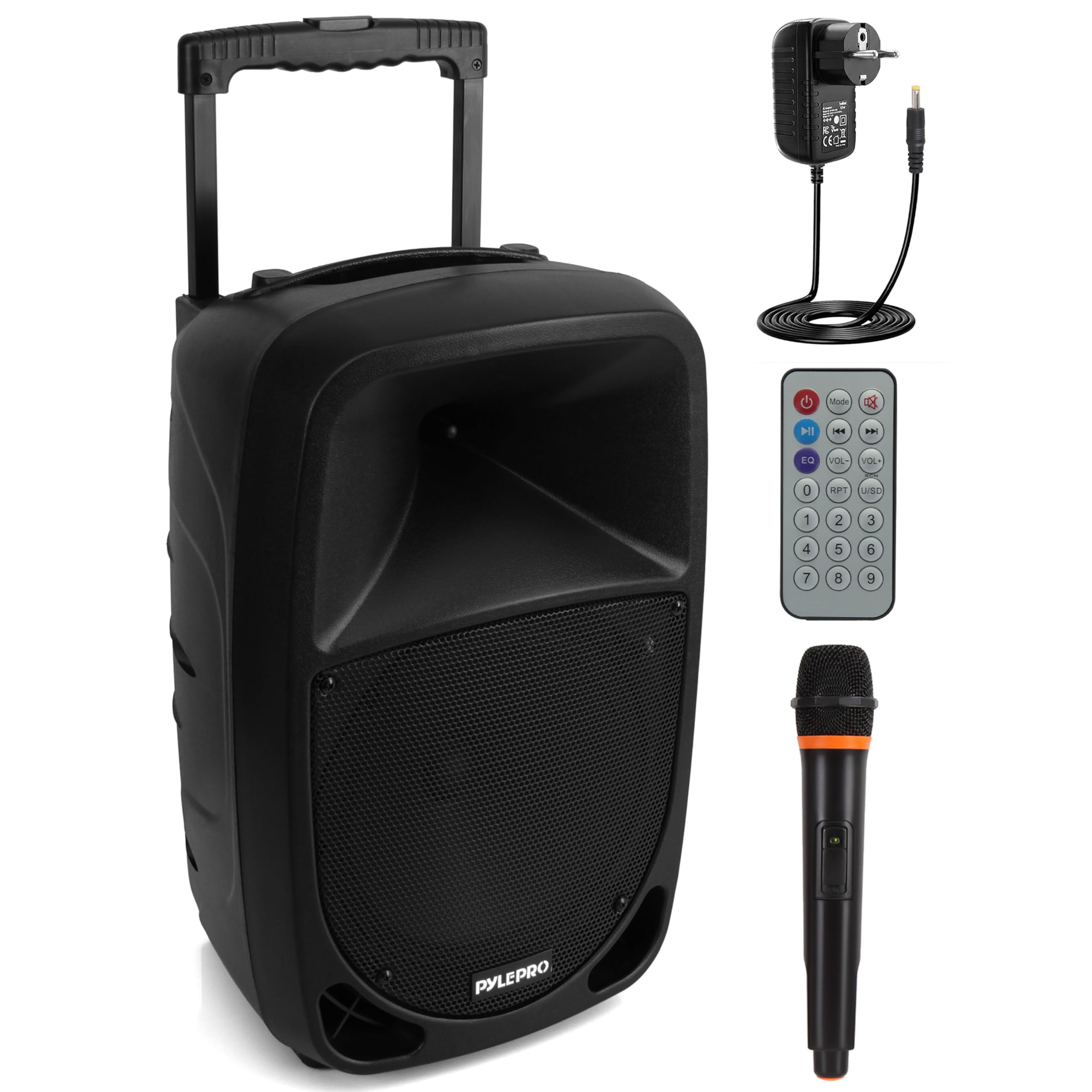 Pyle Sistema de Altavoces,PA,1000W,Subwoofer 10”,Bluetooth,Portatil,Recargable,Karaoke,Interiores,Exteriores,MP3/USB/SD,Micrófono inalambrico UHF,Luces indicadoras de bateria LED,Control Remoto,Negro