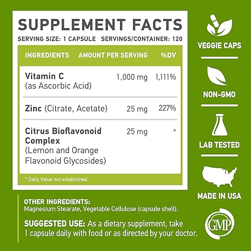 Miniatura 5 de Paquete de 2 MFL Vitamina C + ZINC | C - 1000 | VIT C 1,000 mg | Zinc 25 mg | Bioflavonoides cítricos 25 mg | Sin OMG y sin gluten