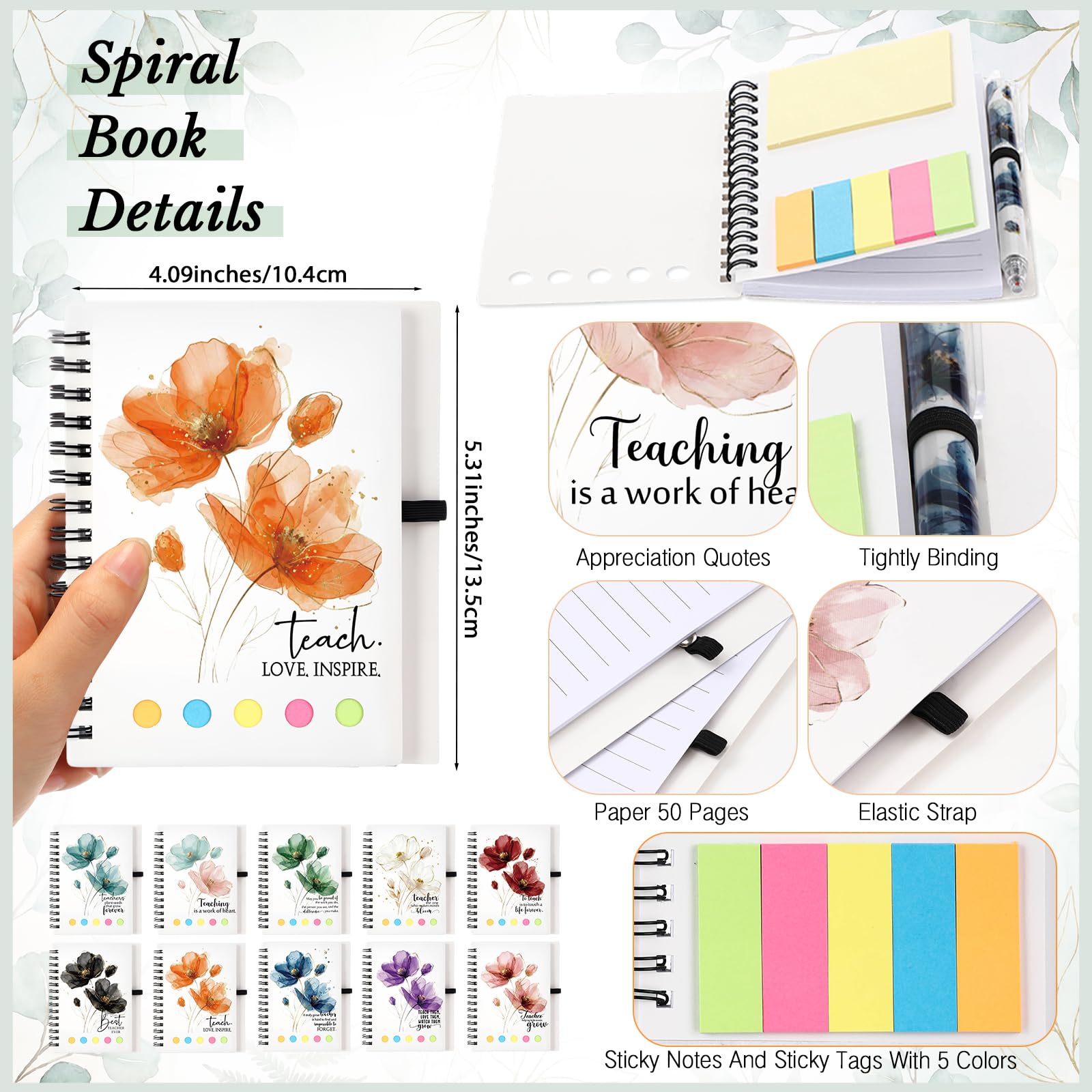Glenmal Set di 50 quaderni a spirale per insegnanti e dipendenti, regalo di ringraziamento per insegnanti di studenti, con penne in bambù per forniture per ufficio